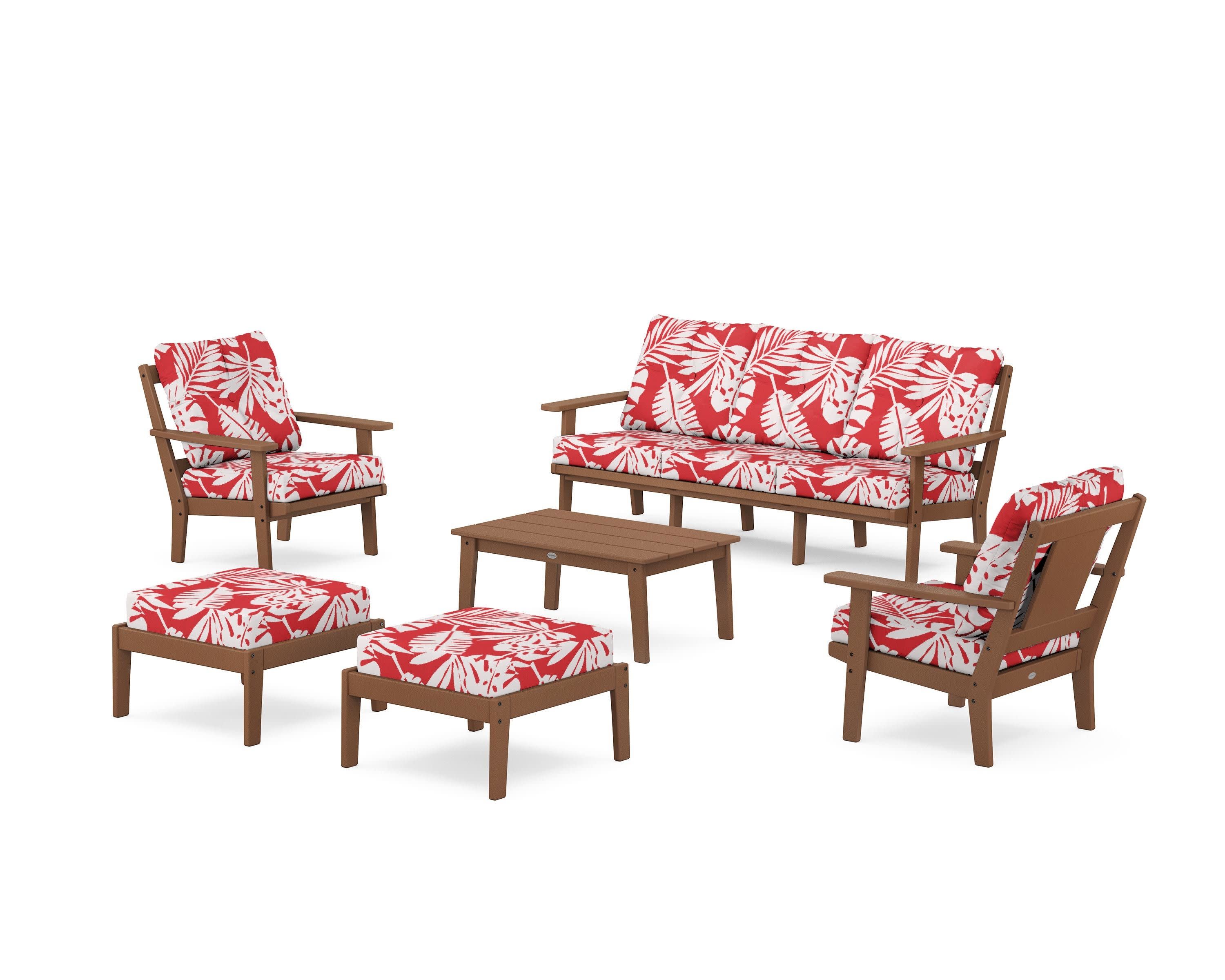 Prairie 6-Piece Lounge Sofa Set in Teak / Leaf Crimson