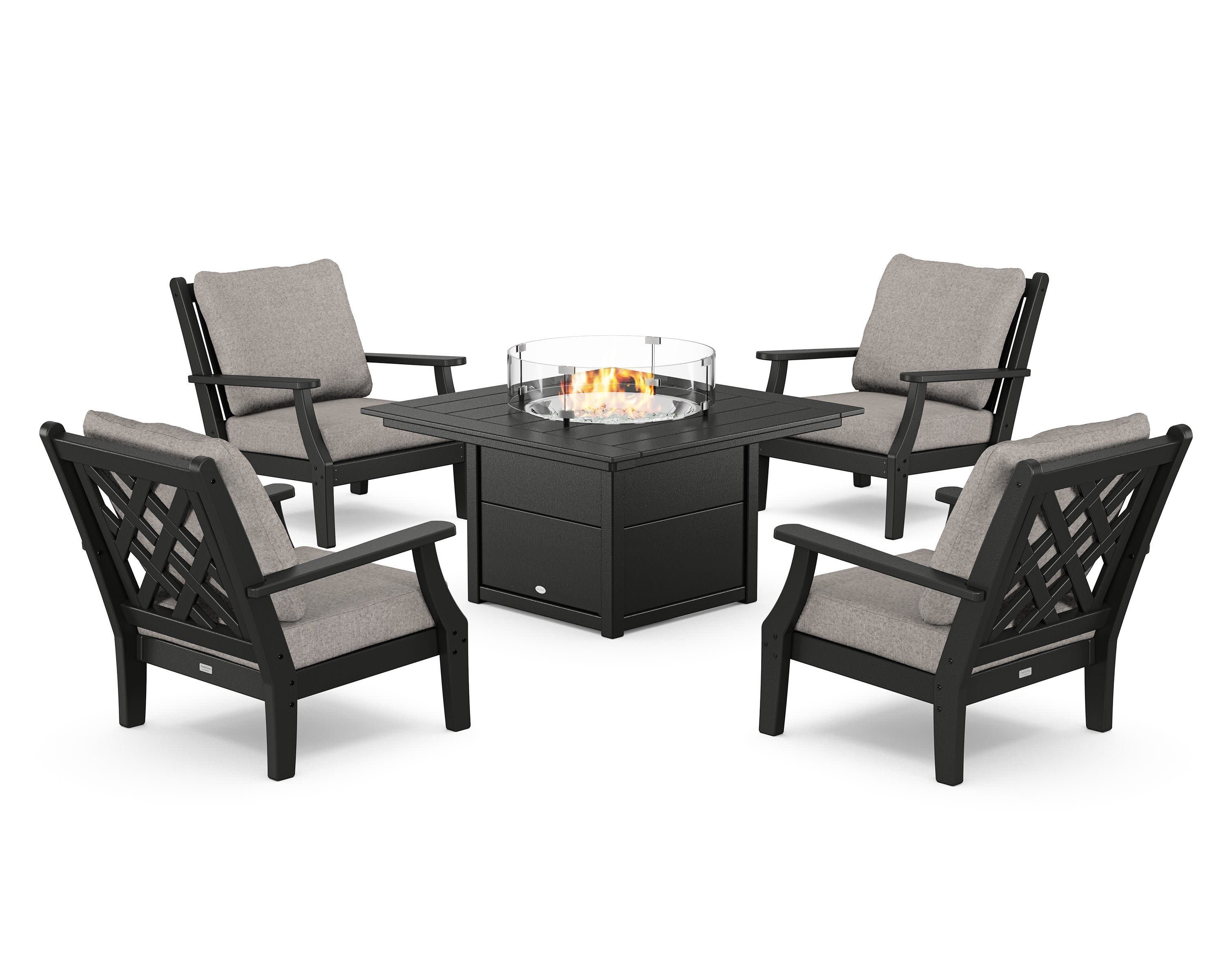 Wovendale 5-Piece Deep Seating Set with Fire Pit Table in Black / Weathered Tweed