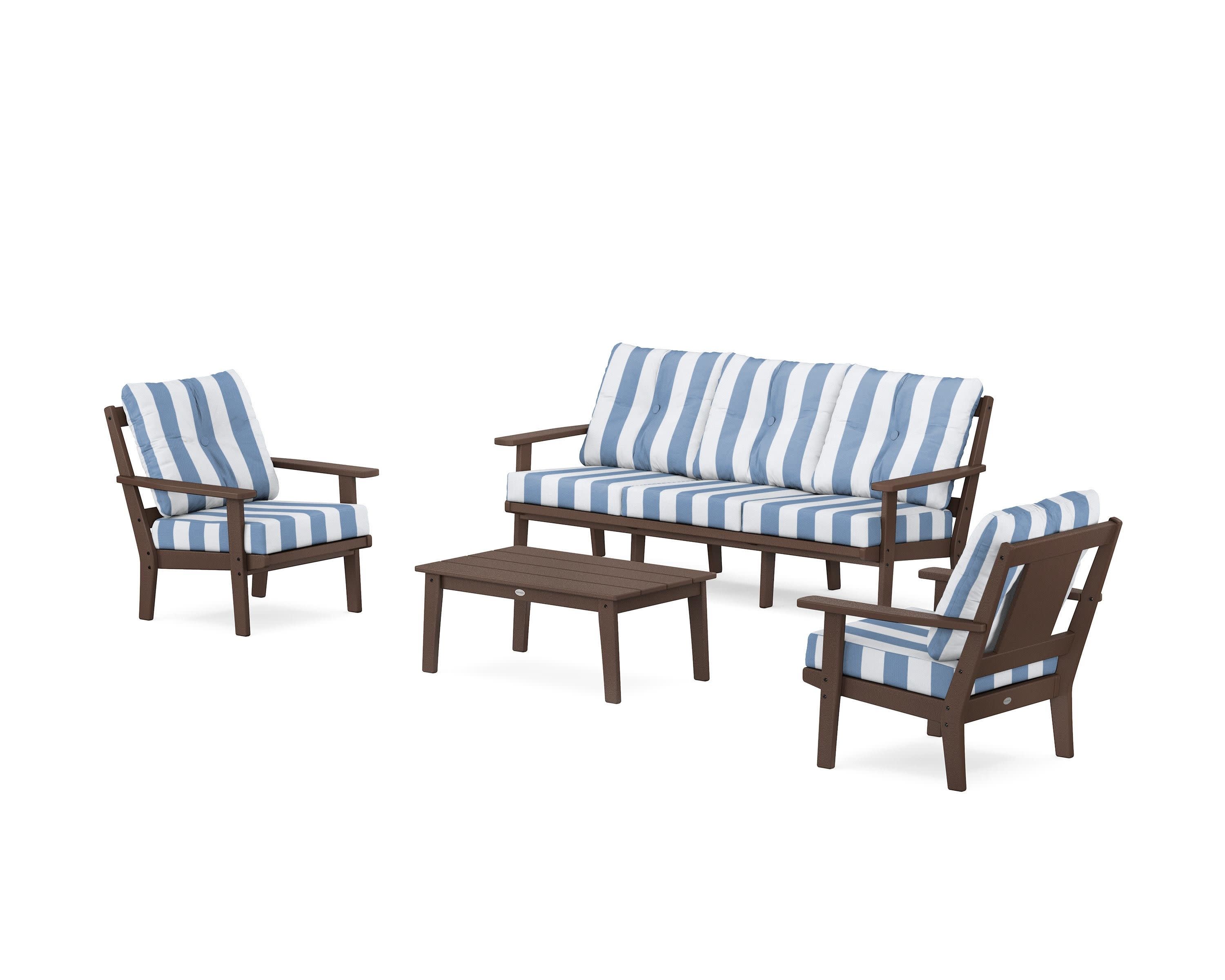 Prairie 4-Piece Deep Seating Set with Sofa in Mahogany / Cabana Stripe Sky Blue