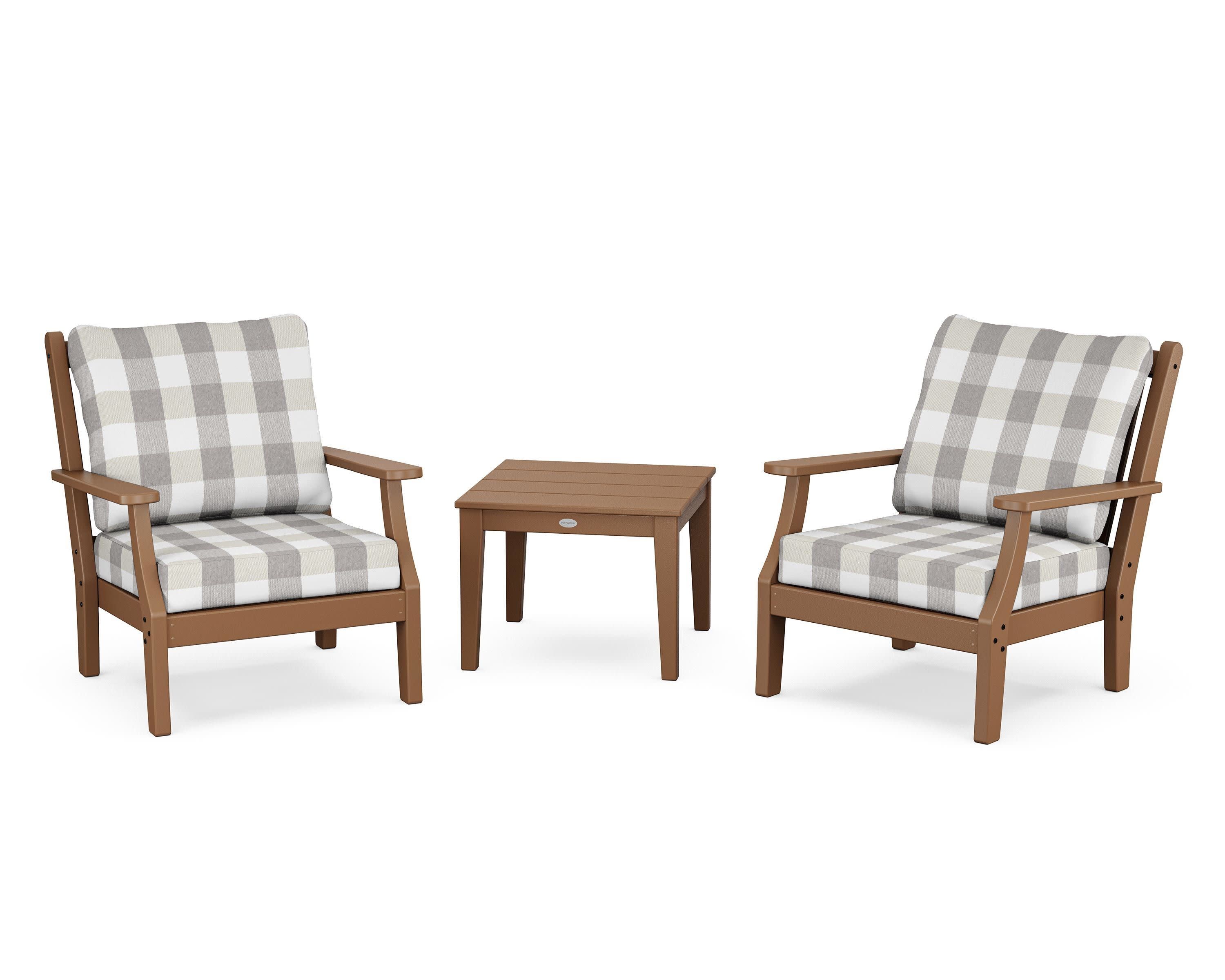 Wovendale 3-Piece Deep Seating Set in Teak / Buffalo Plaid Grey Mist