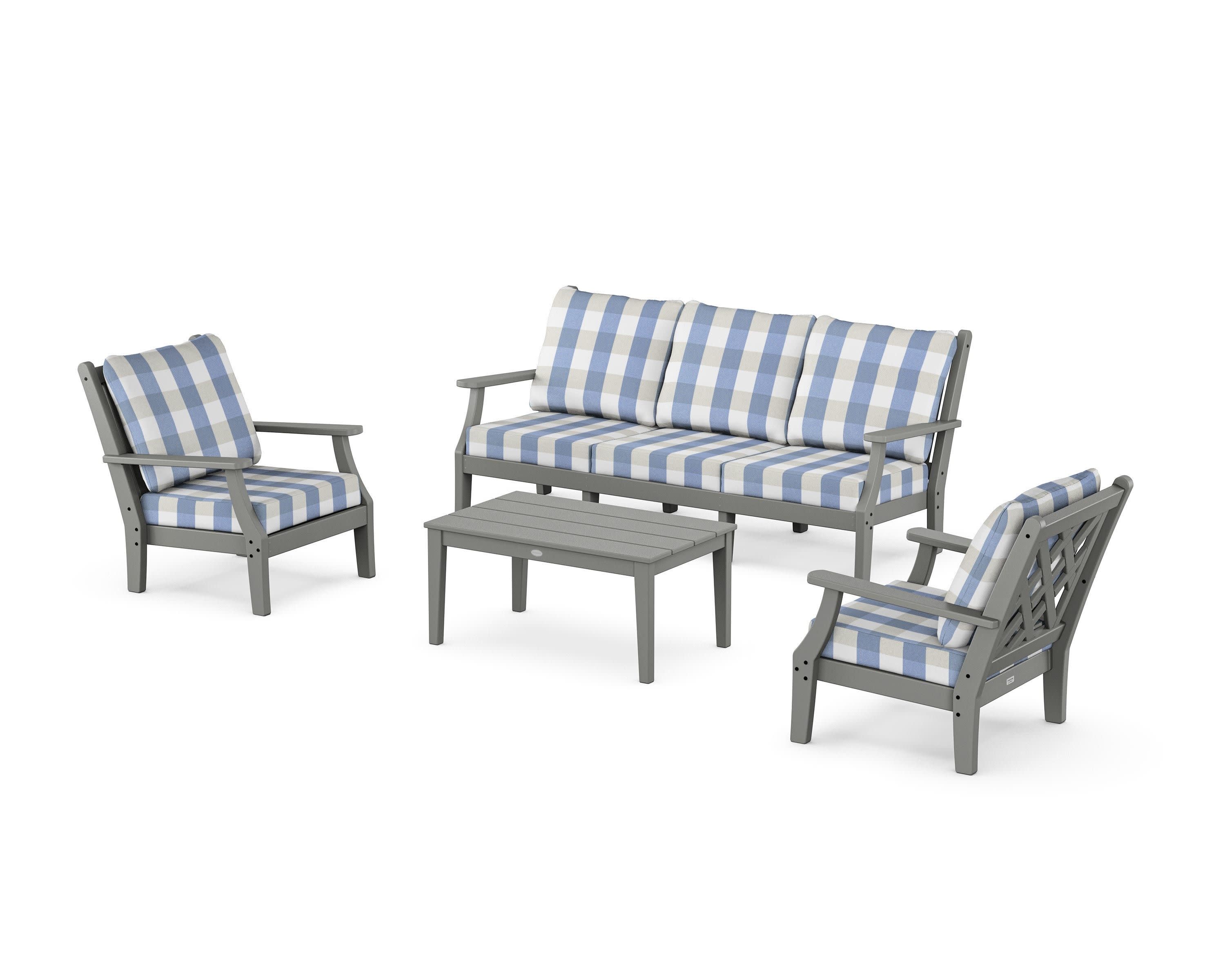Wovendale 4-Piece Deep Seating Set with Sofa in Slate Grey / Buffalo Plaid Sky Blue