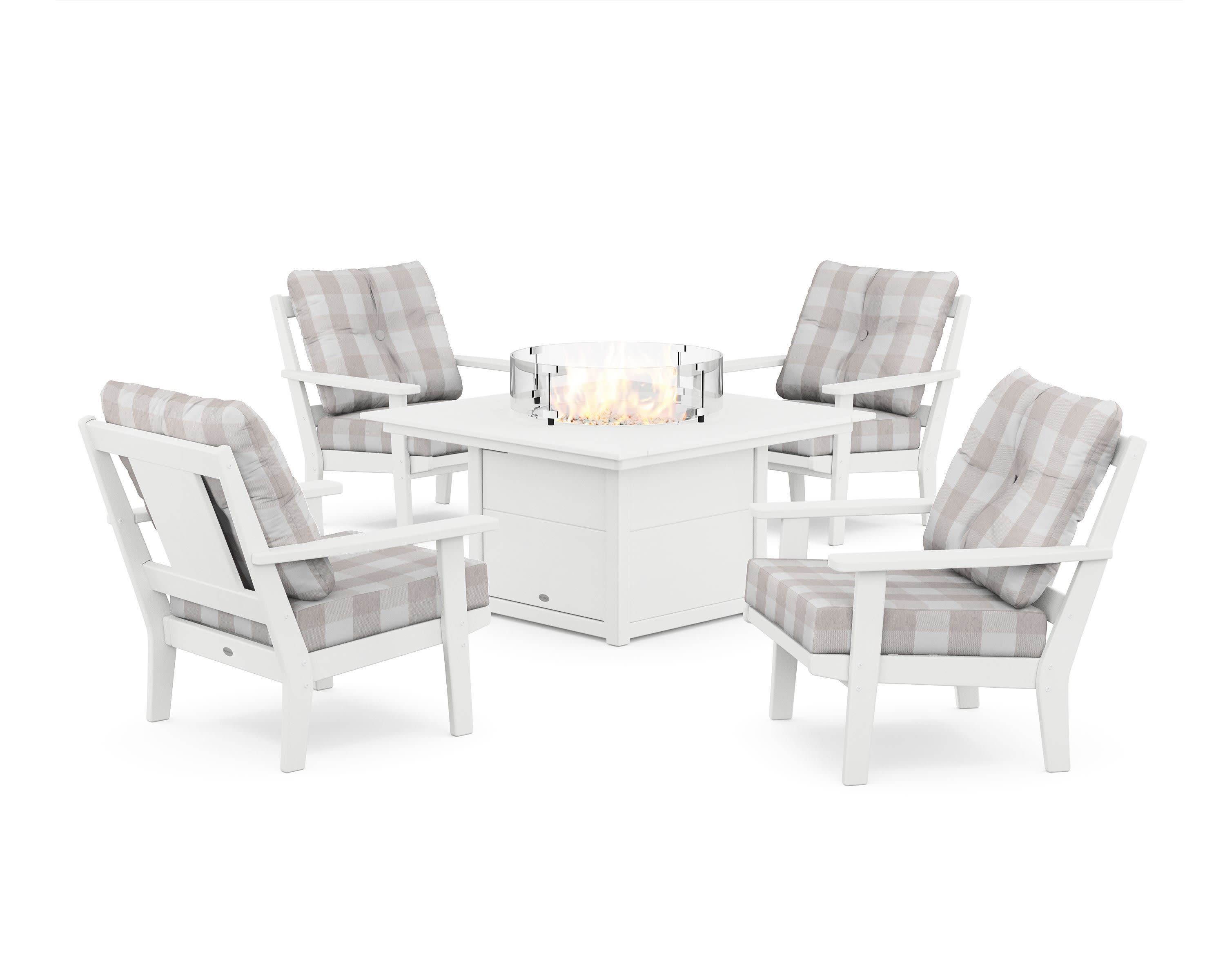 Prairie 5-Piece Deep Seating Set with Fire Pit Table in White / Buffalo Plaid Dune Burlap