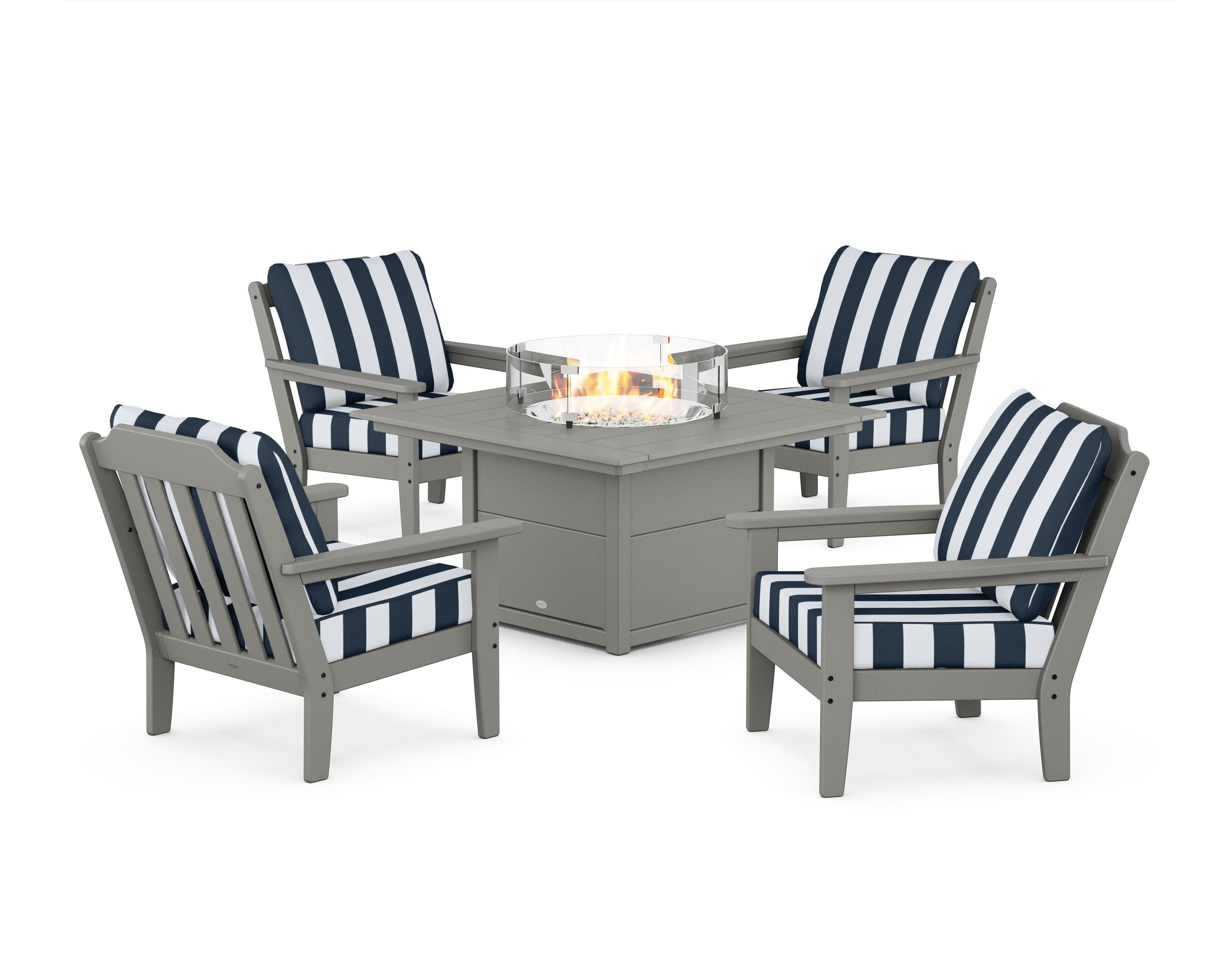Cottage 5-Piece Deep Seating Set with Fire Pit Table in Slate Grey / Cabana Stripe Marine Indigo