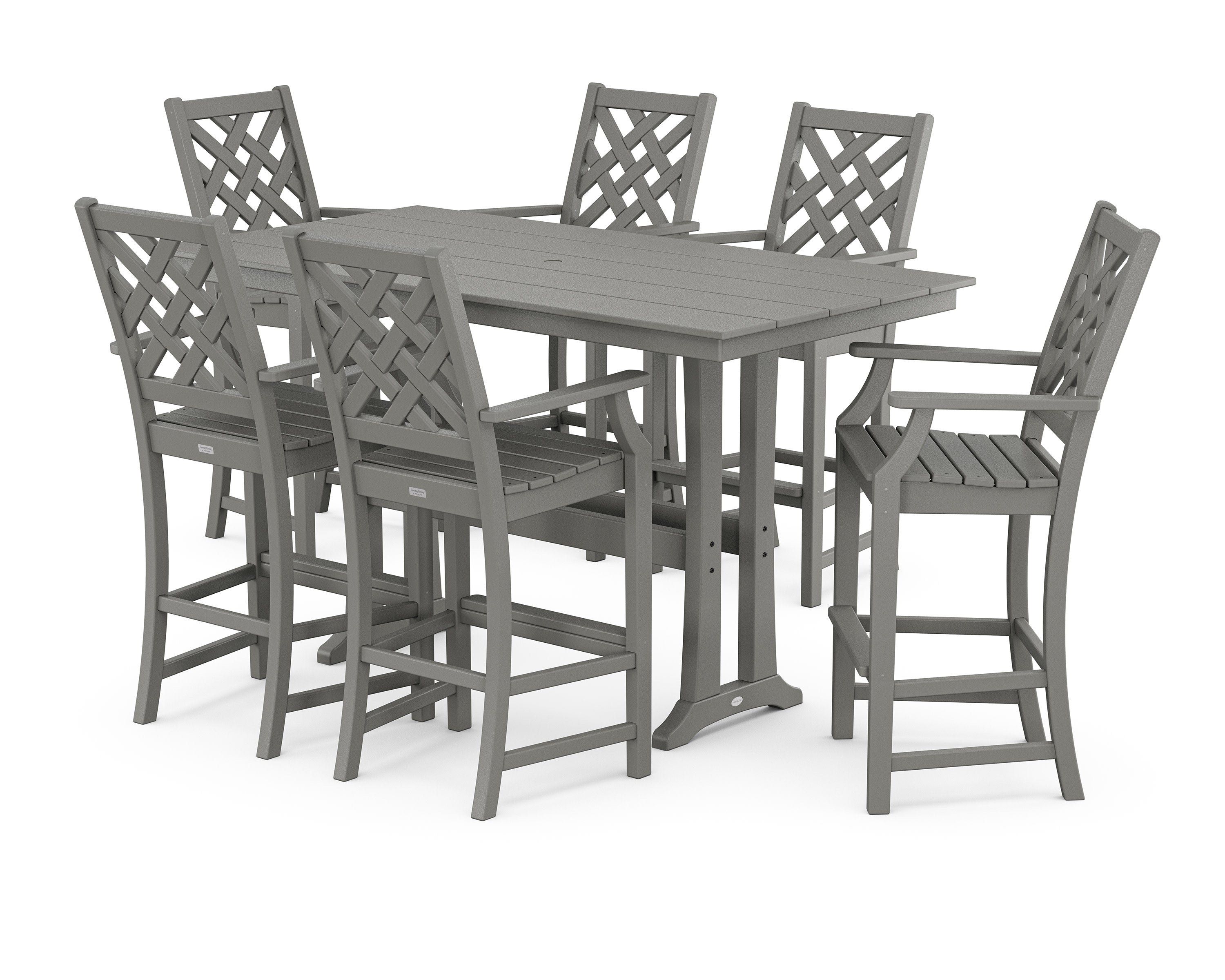Wovendale Arm Chair 7-Piece Farmhouse Bar Set with Trestle Legs in Slate Grey