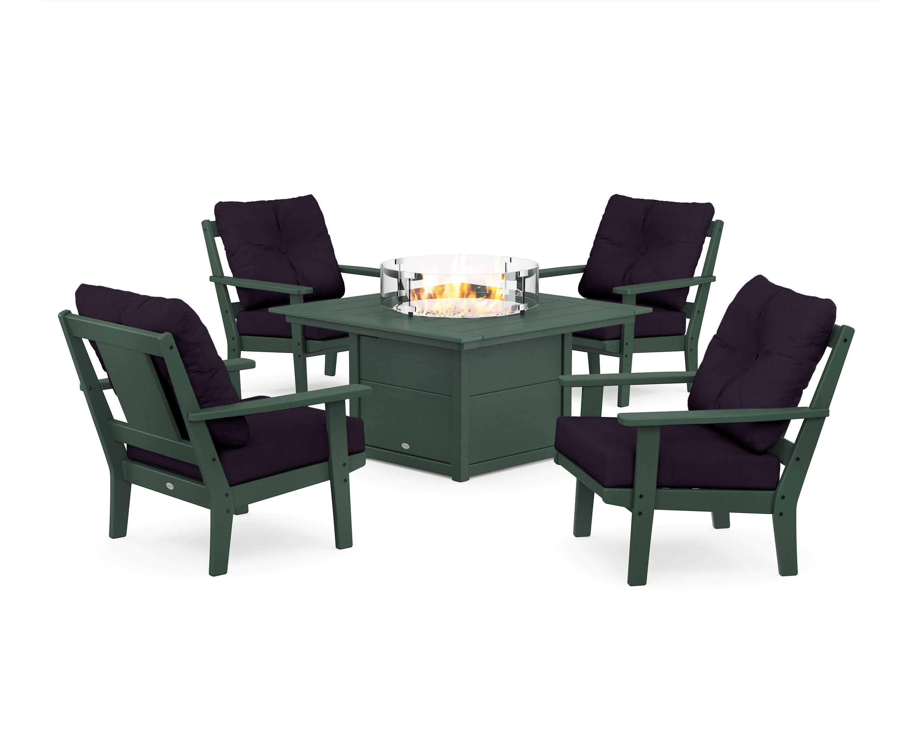 Prairie 5-Piece Deep Seating Set with Fire Pit Table in Green / Navy Linen