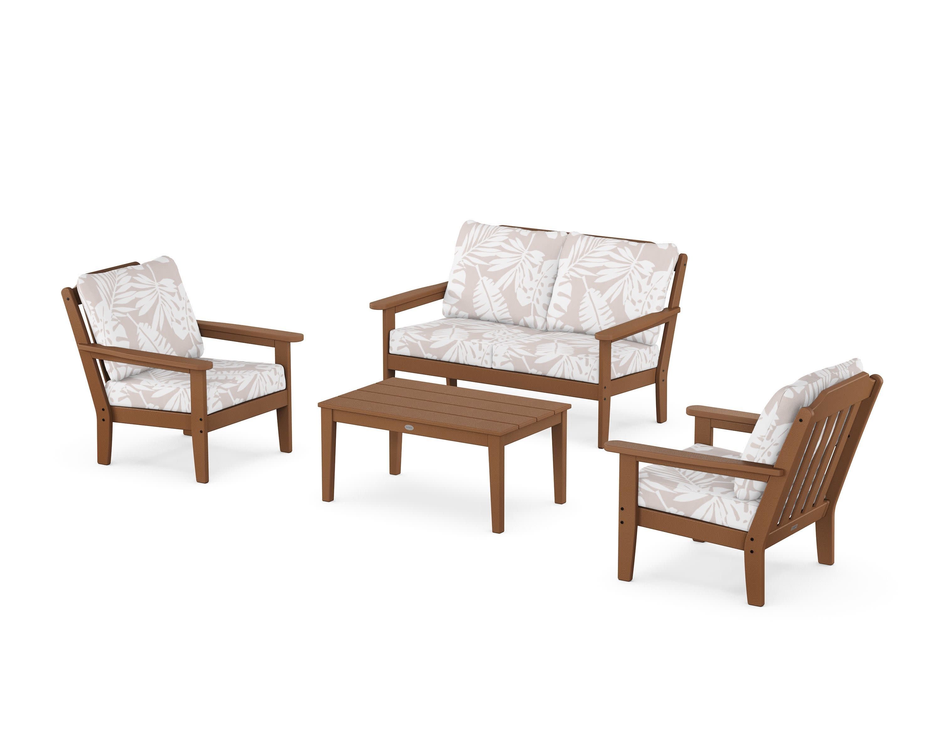 Cottage 4-Piece Deep Seating Set with Loveseat in Teak / Leaf Dune Burlap