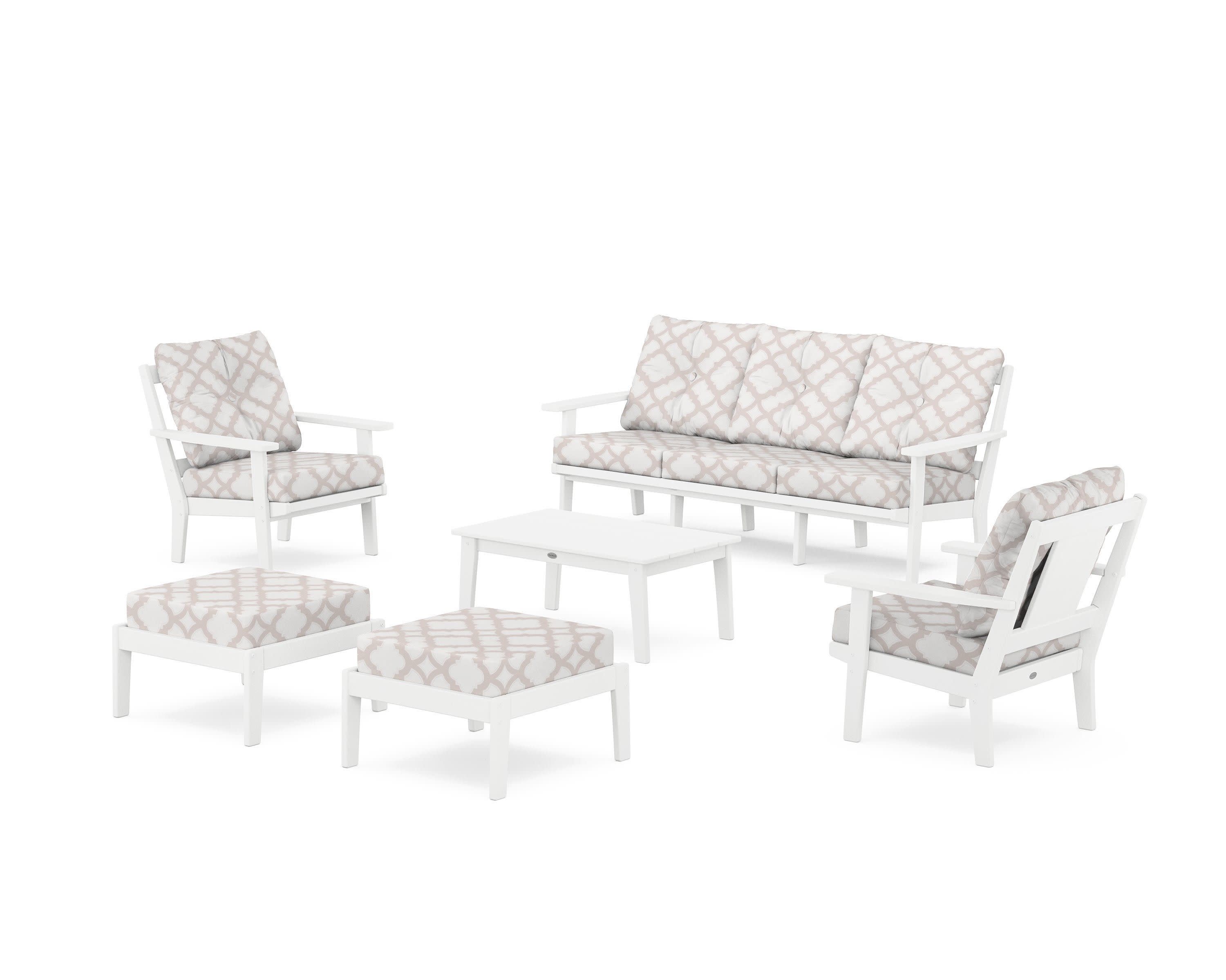 Prairie 6-Piece Lounge Sofa Set in White / Trellis Dune Burlap