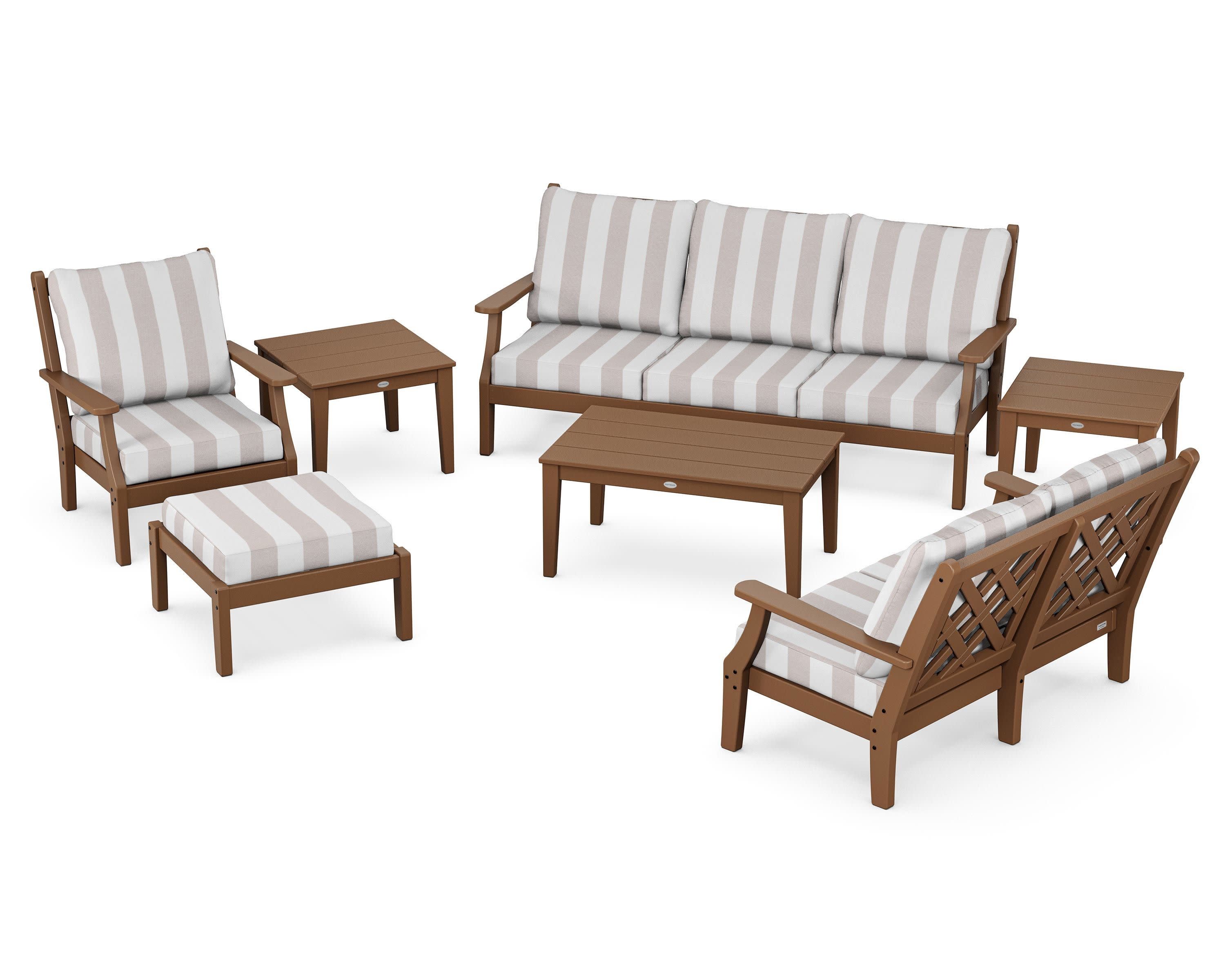 Wovendale 7-Piece Deep Seating Set in Teak / Cabana Stripe Dune Burlap