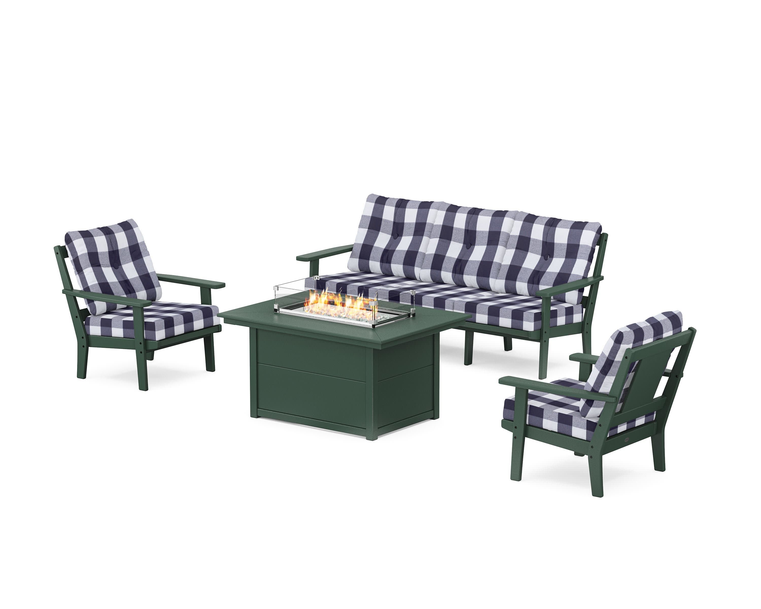 Prairie Deep Seating Fire Pit Table Set in Green / Buffalo Plaid Navy