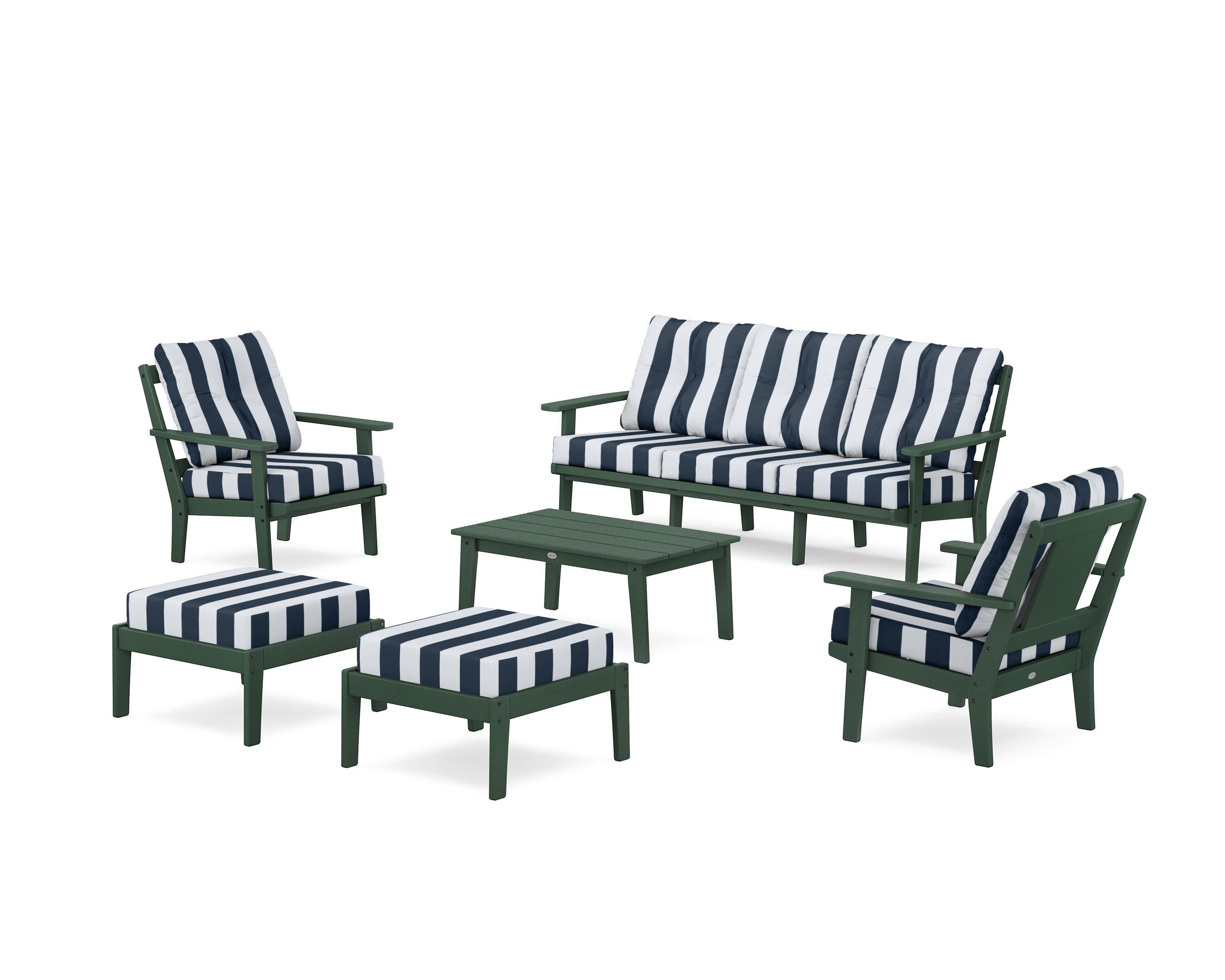 Prairie 6-Piece Lounge Sofa Set in Green / Cabana Stripe Marine Indigo