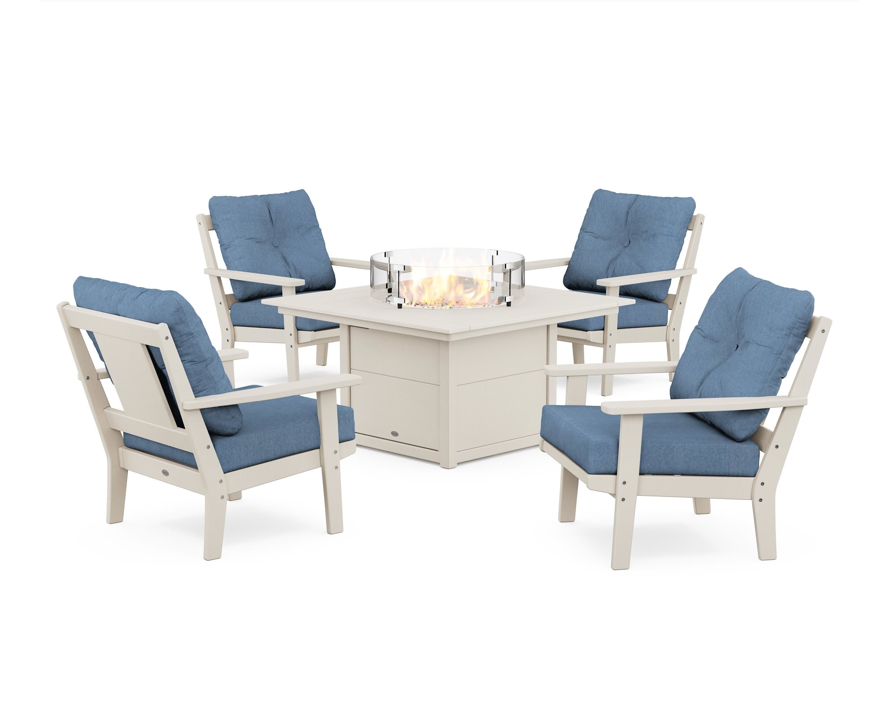 Prairie 5-Piece Deep Seating Set with Fire Pit Table in Sand / Sky Blue