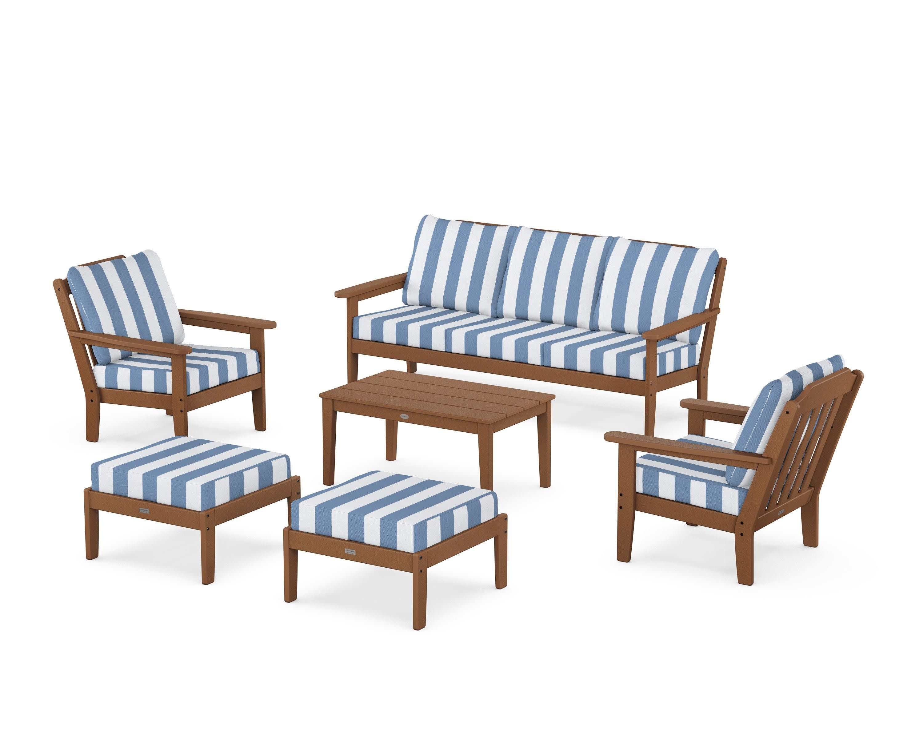 Cottage 6-Piece Lounge Sofa Set in Teak / Cabana Stripe Sky Blue