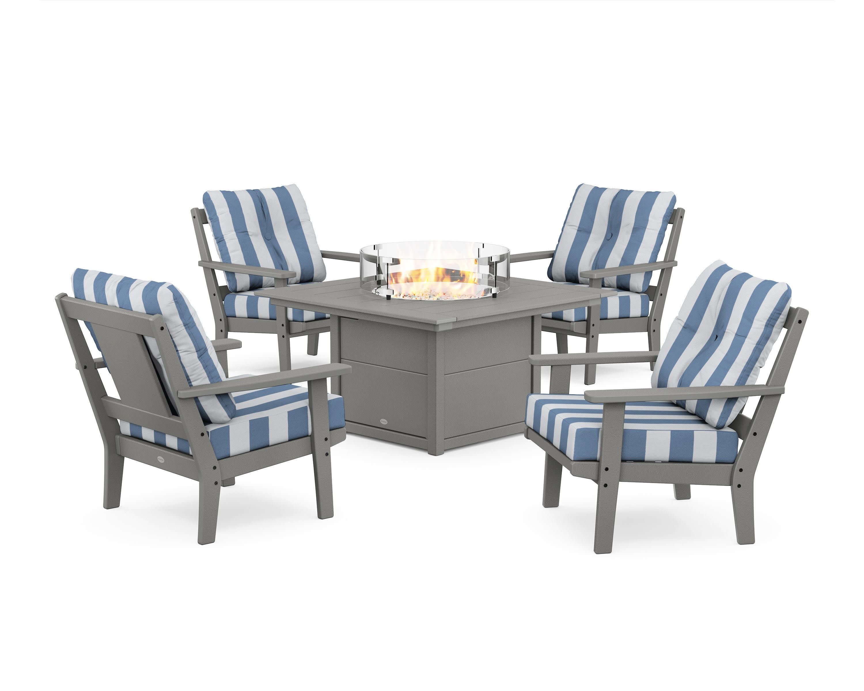 Prairie 5-Piece Deep Seating Set with Fire Pit Table in Slate Grey / Cabana Stripe Sky Blue