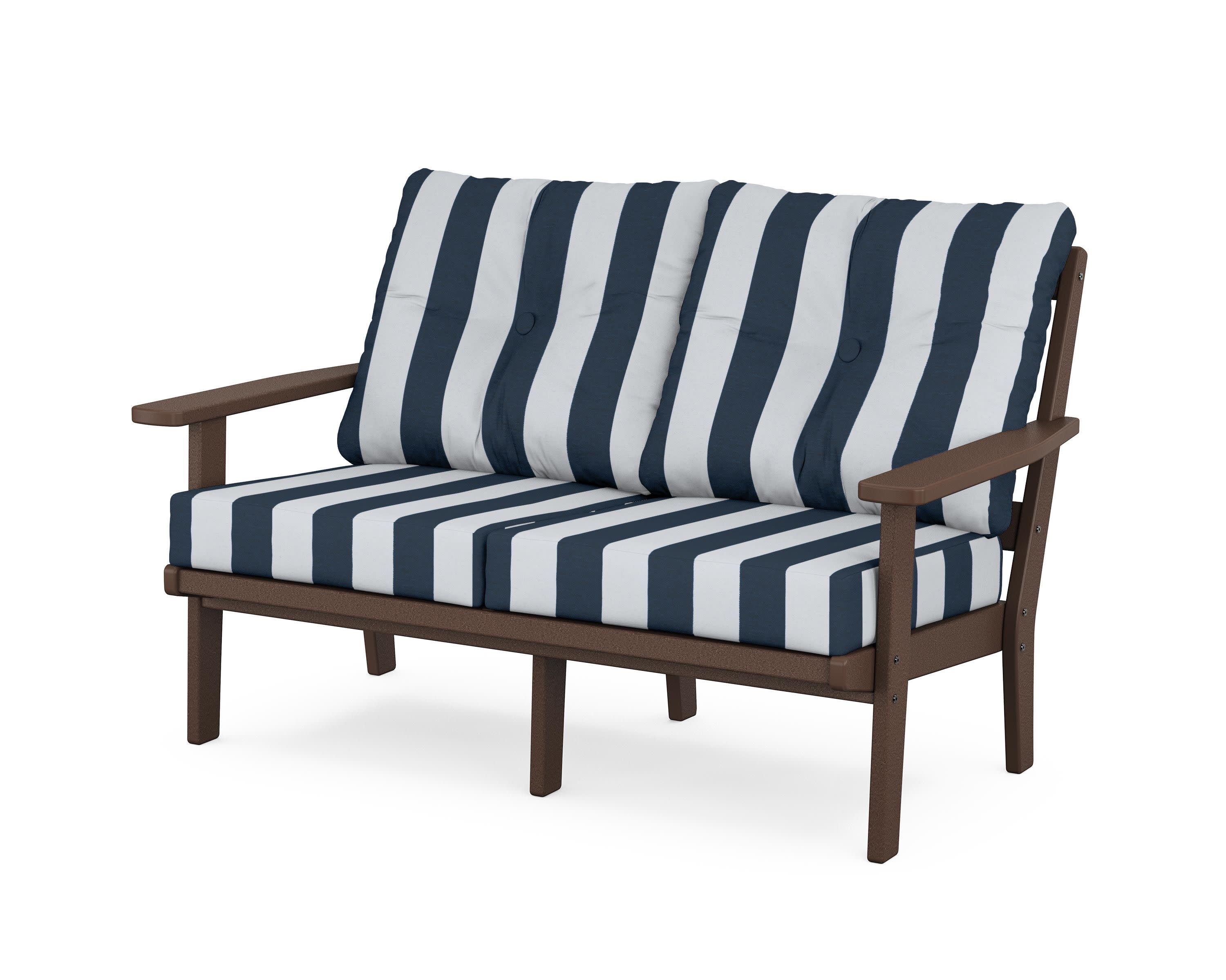 Prairie Deep SeatingLoveseat in Mahogany / Cabana Stripe Marine Indigo
