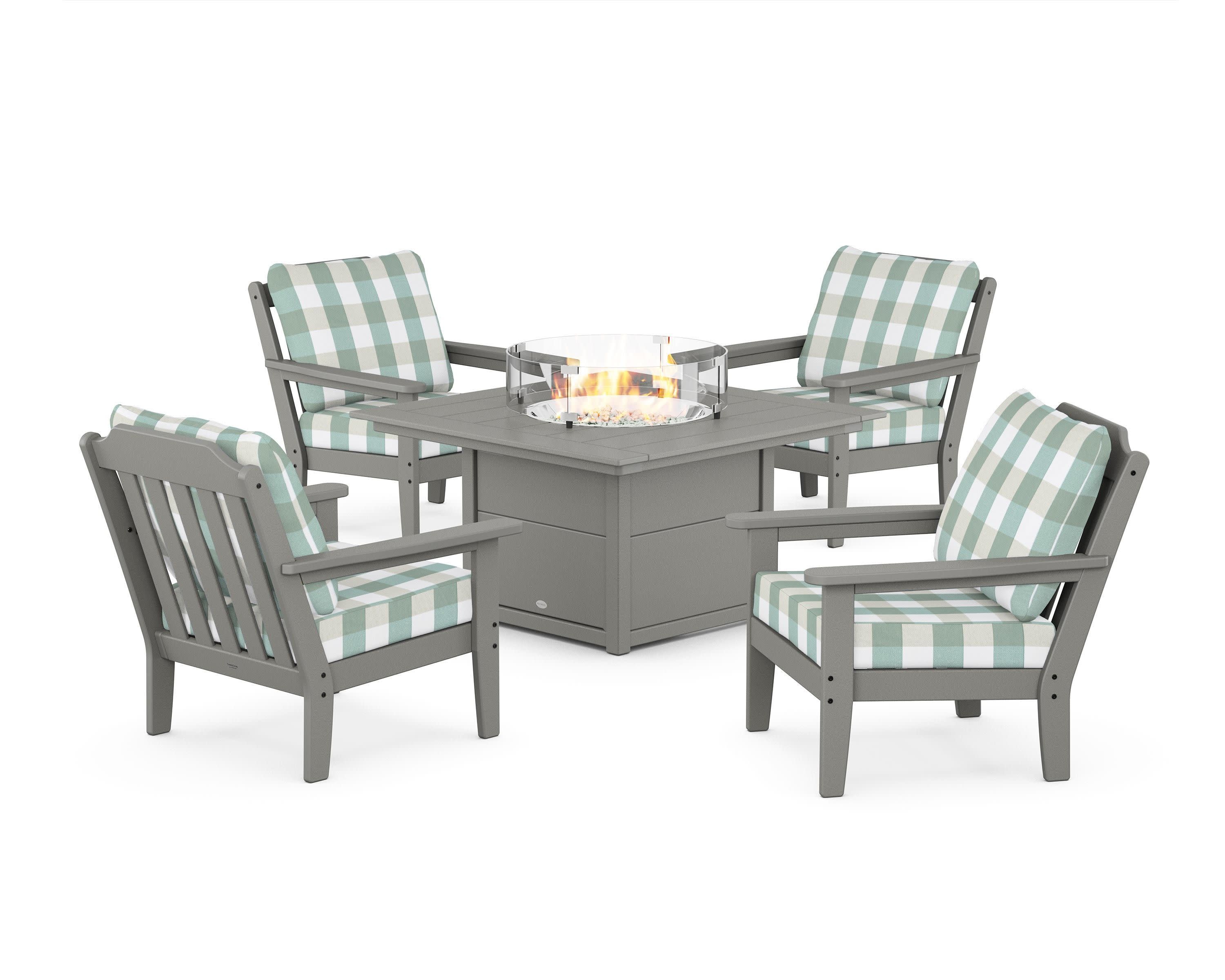 Cottage 5-Piece Deep Seating Set with Fire Pit Table in Slate Grey / Buffalo Plaid Glacier Spa
