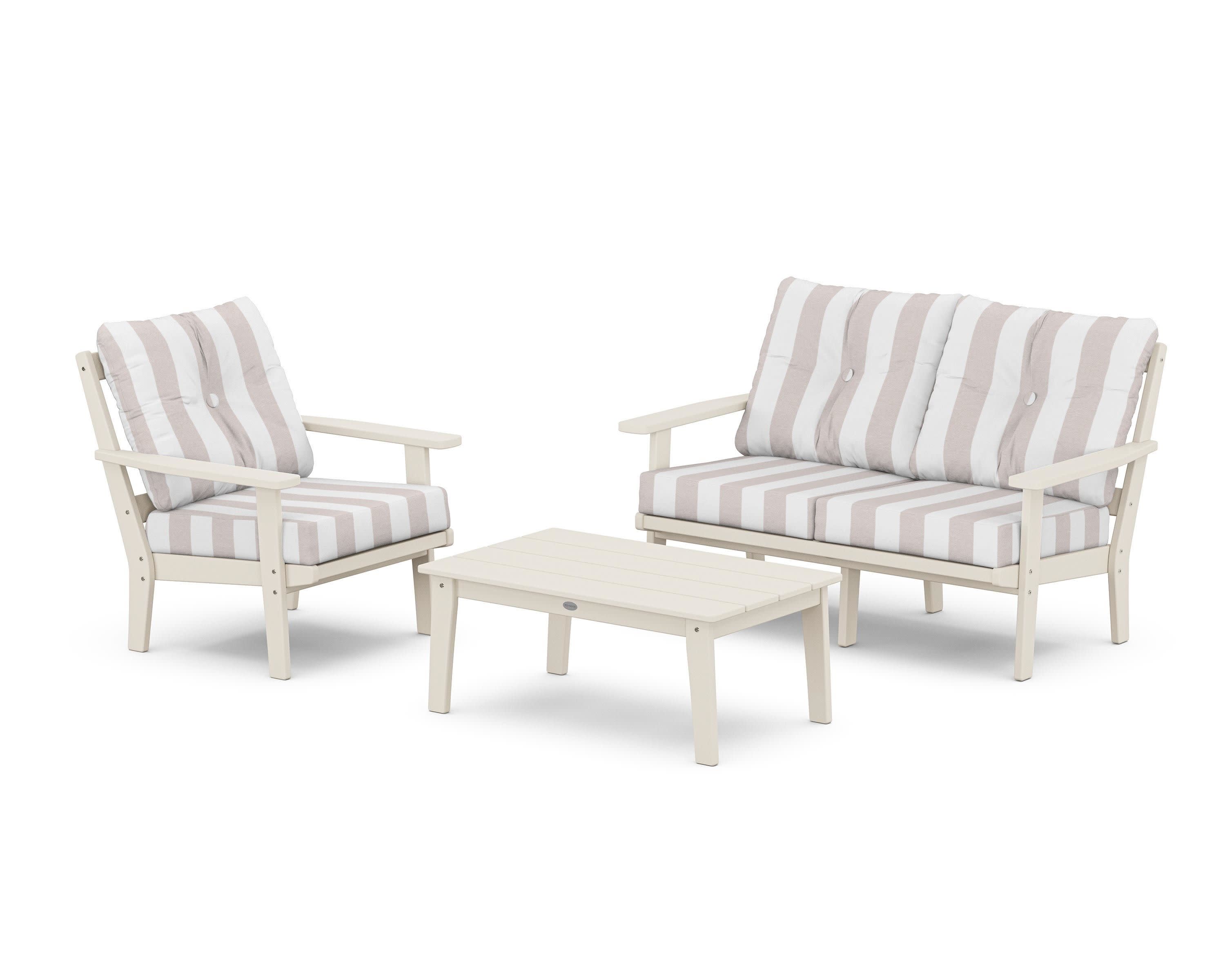 Prairie 3-Piece Deep Seating Set with Loveseat in Sand / Cabana Stripe Dune Burlap