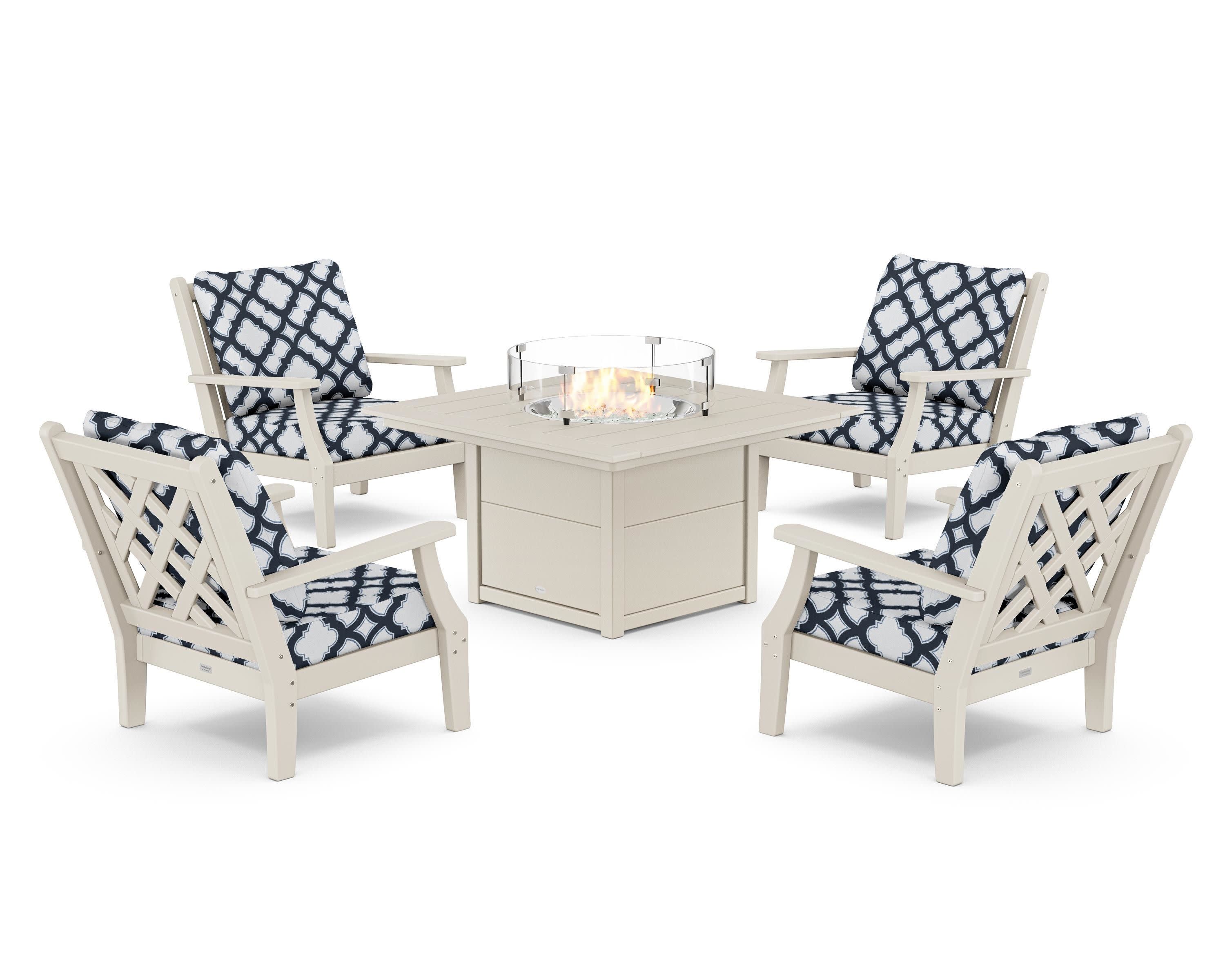 Wovendale 5-Piece Deep Seating Set with Fire Pit Table in Sand / Trellis Marine Indigo