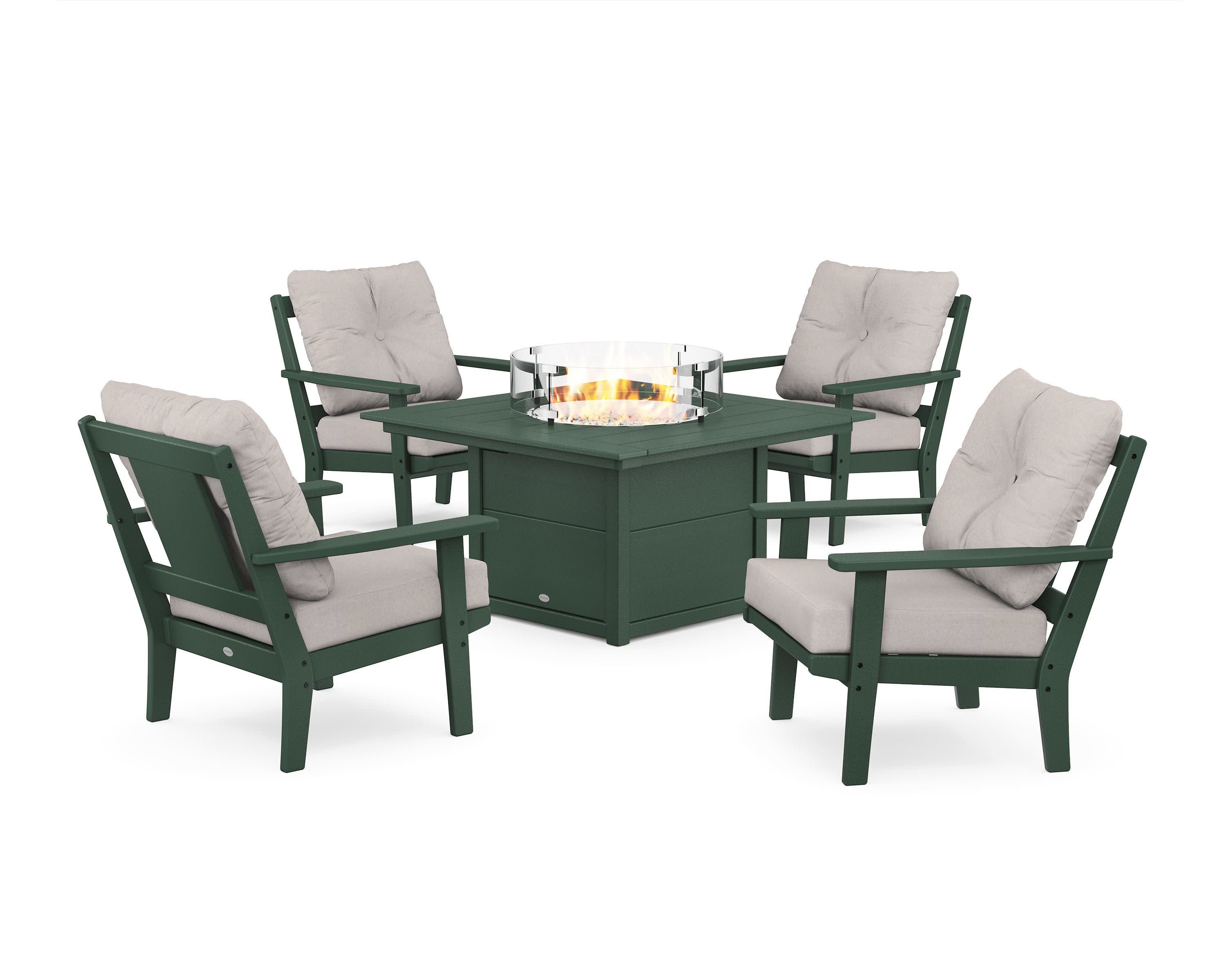 Prairie 5-Piece Deep Seating Set with Fire Pit Table in Green / Dune Burlap