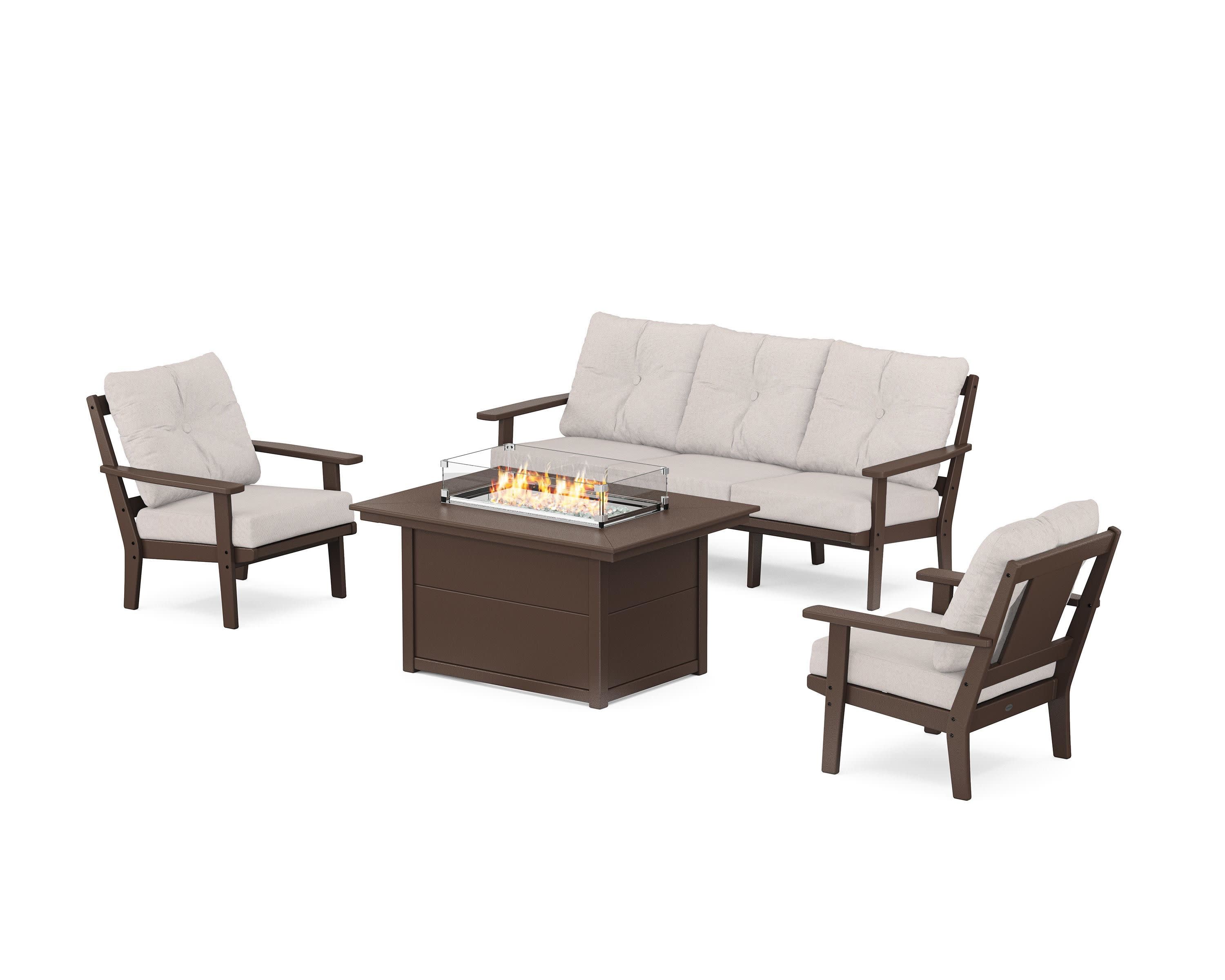 Prairie Deep Seating Fire Pit Table Set in Mahogany / Dune Burlap