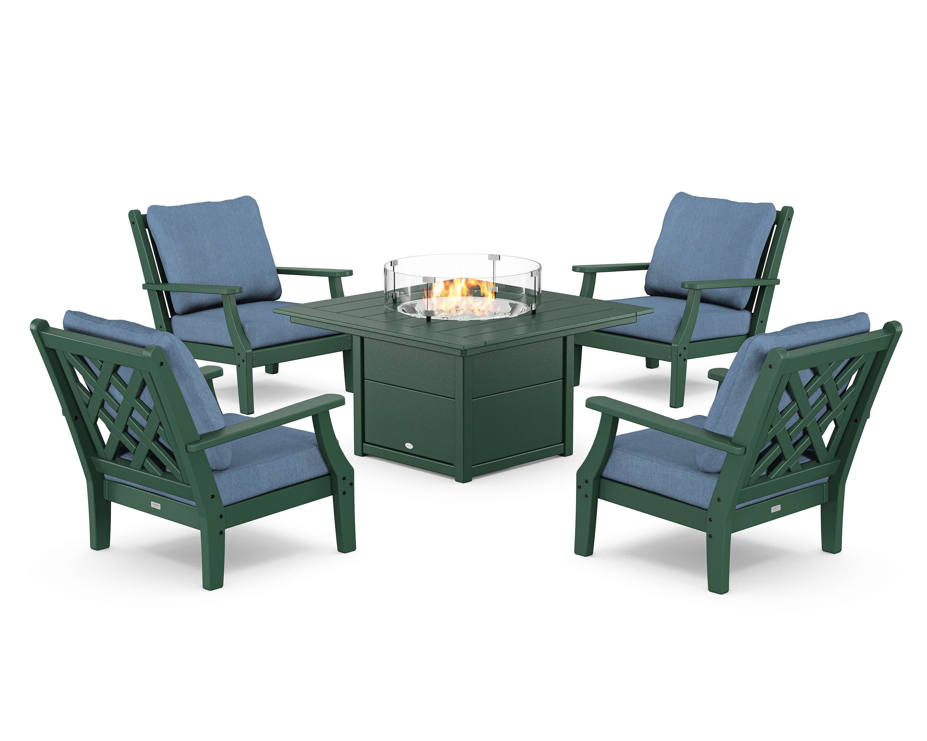 Wovendale 5-Piece Deep Seating Set with Fire Pit Table in Green / Sky Blue