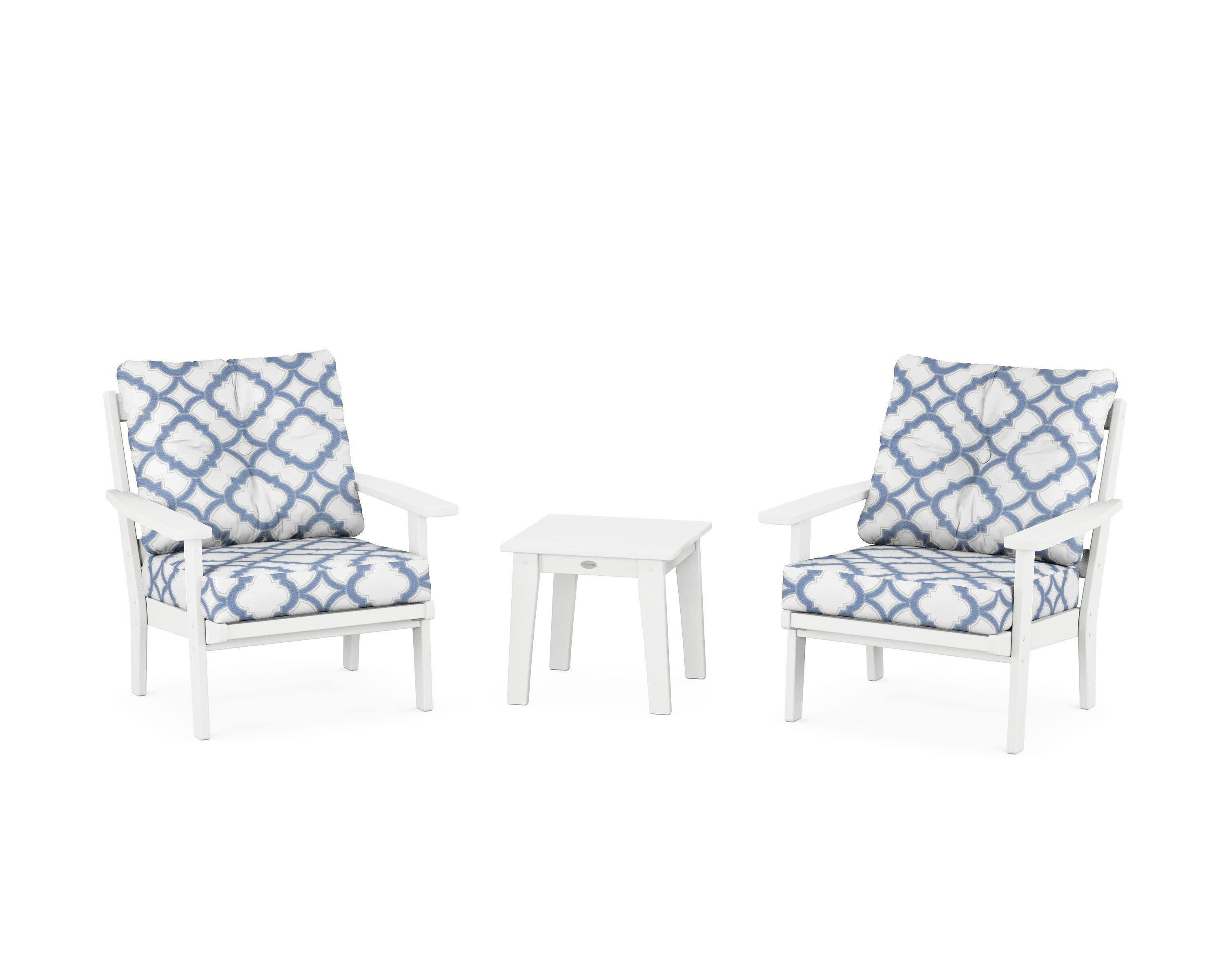Prairie 3-Piece Deep Seating Set in White / Trellis Sky Blue