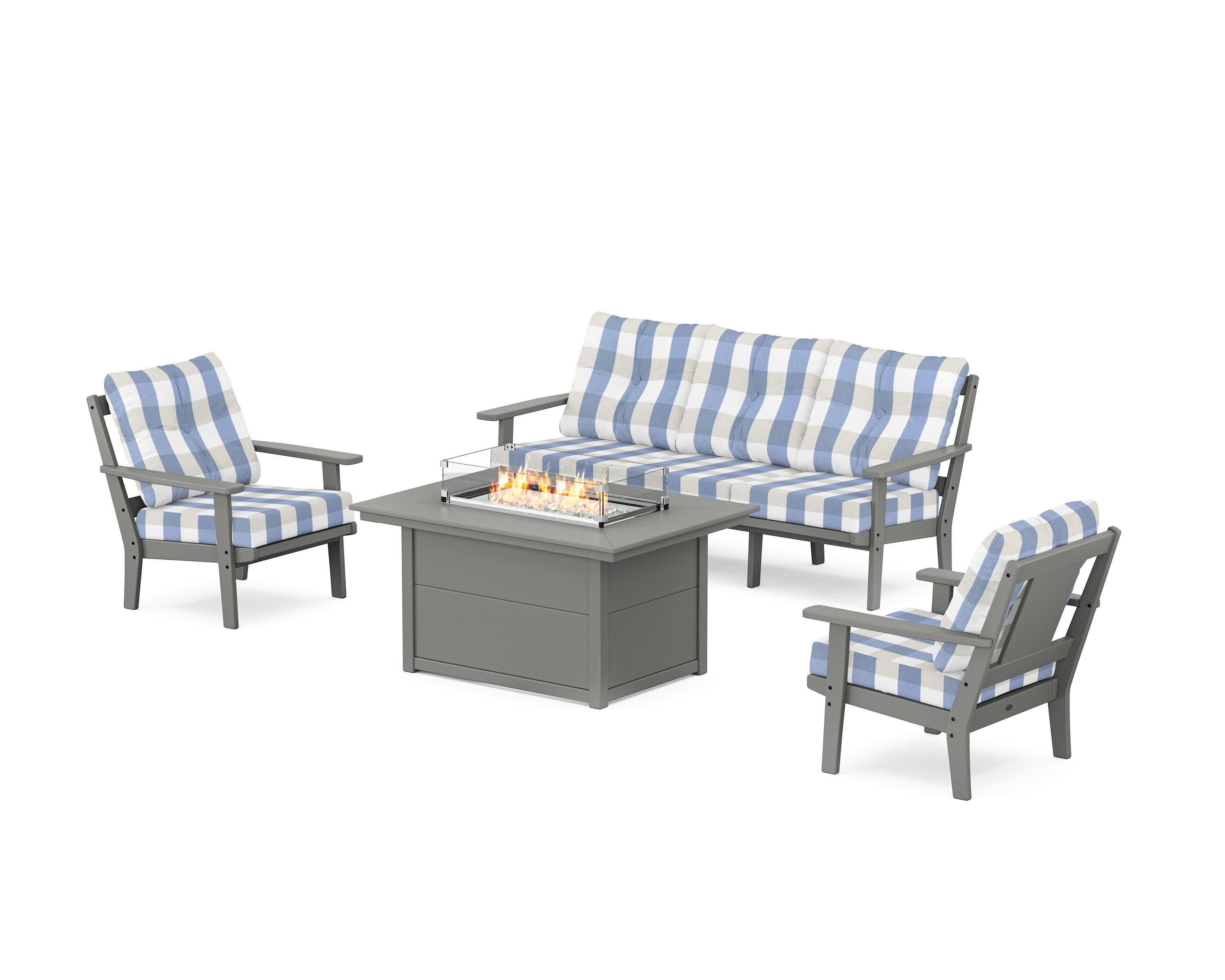 Prairie Deep Seating Fire Pit Table Set in Slate Grey / Buffalo Plaid Sky Blue