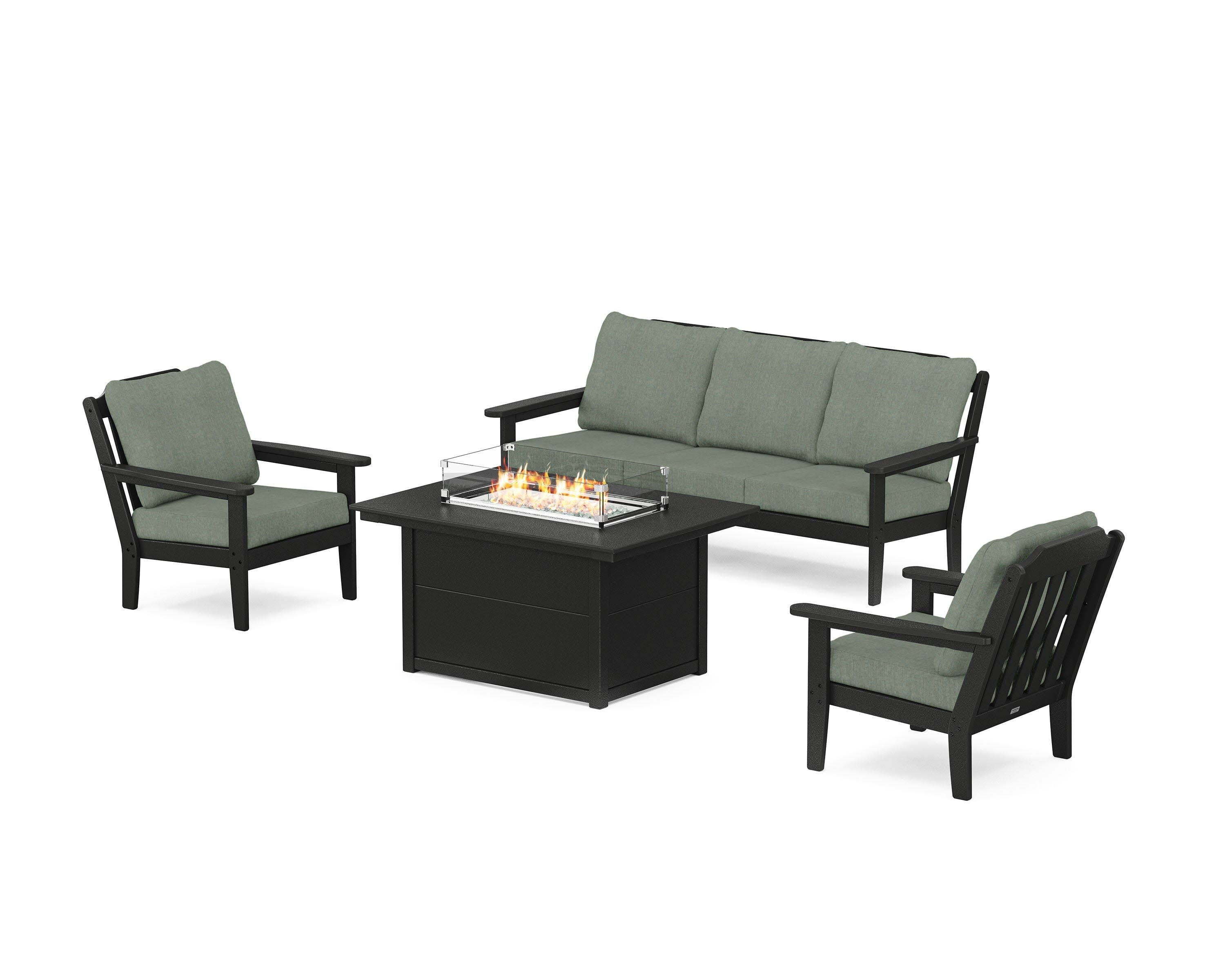 Cottage Deep Seating Fire Pit Table Set in Black / Cast Sage