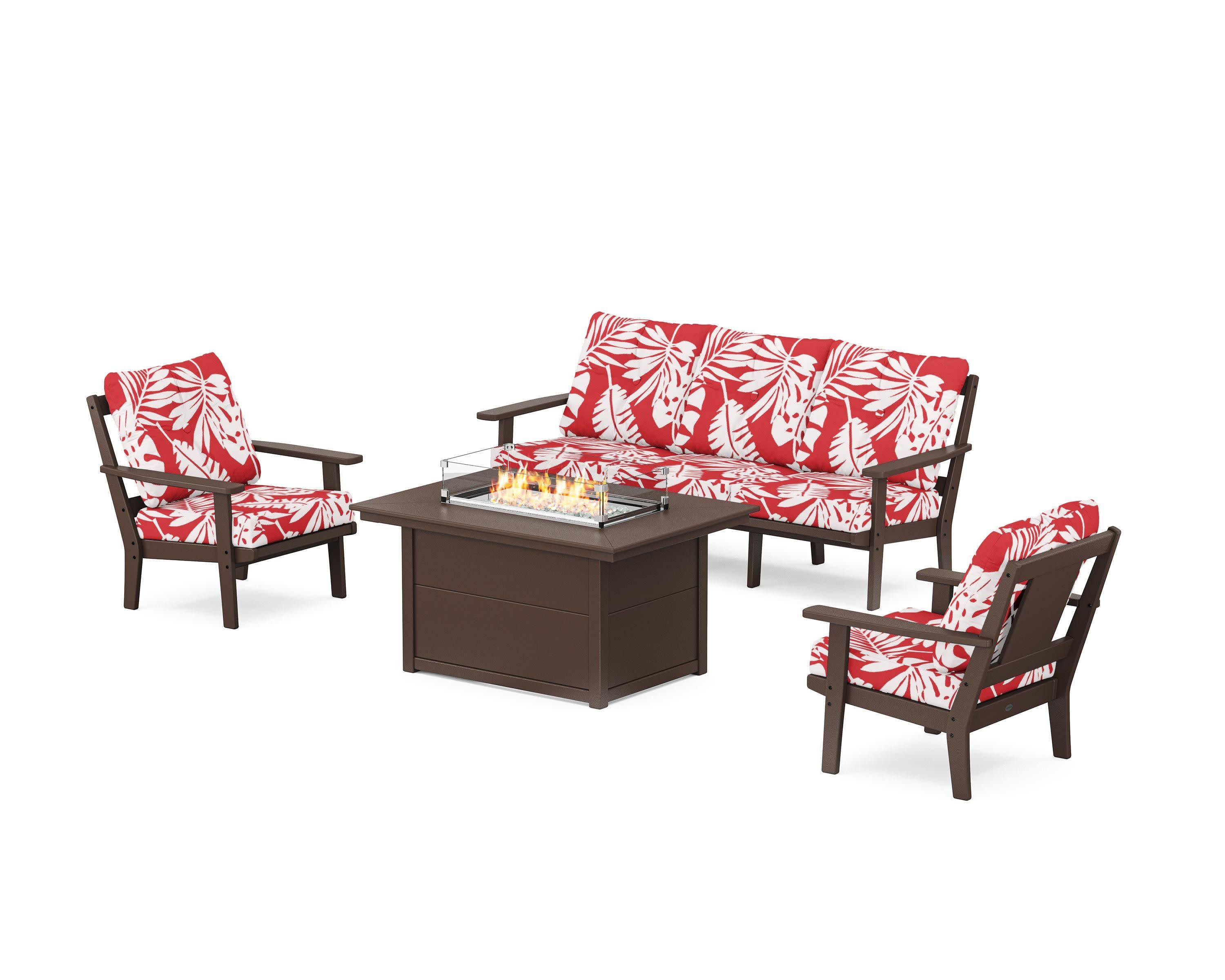 Prairie Deep Seating Fire Pit Table Set in Mahogany / Leaf Crimson