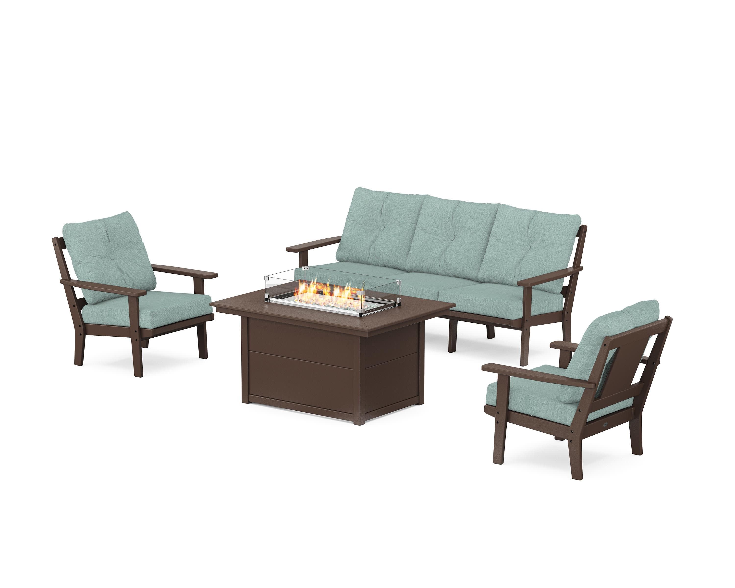 Prairie Deep Seating Fire Pit Table Set in Mahogany / Glacier Spa