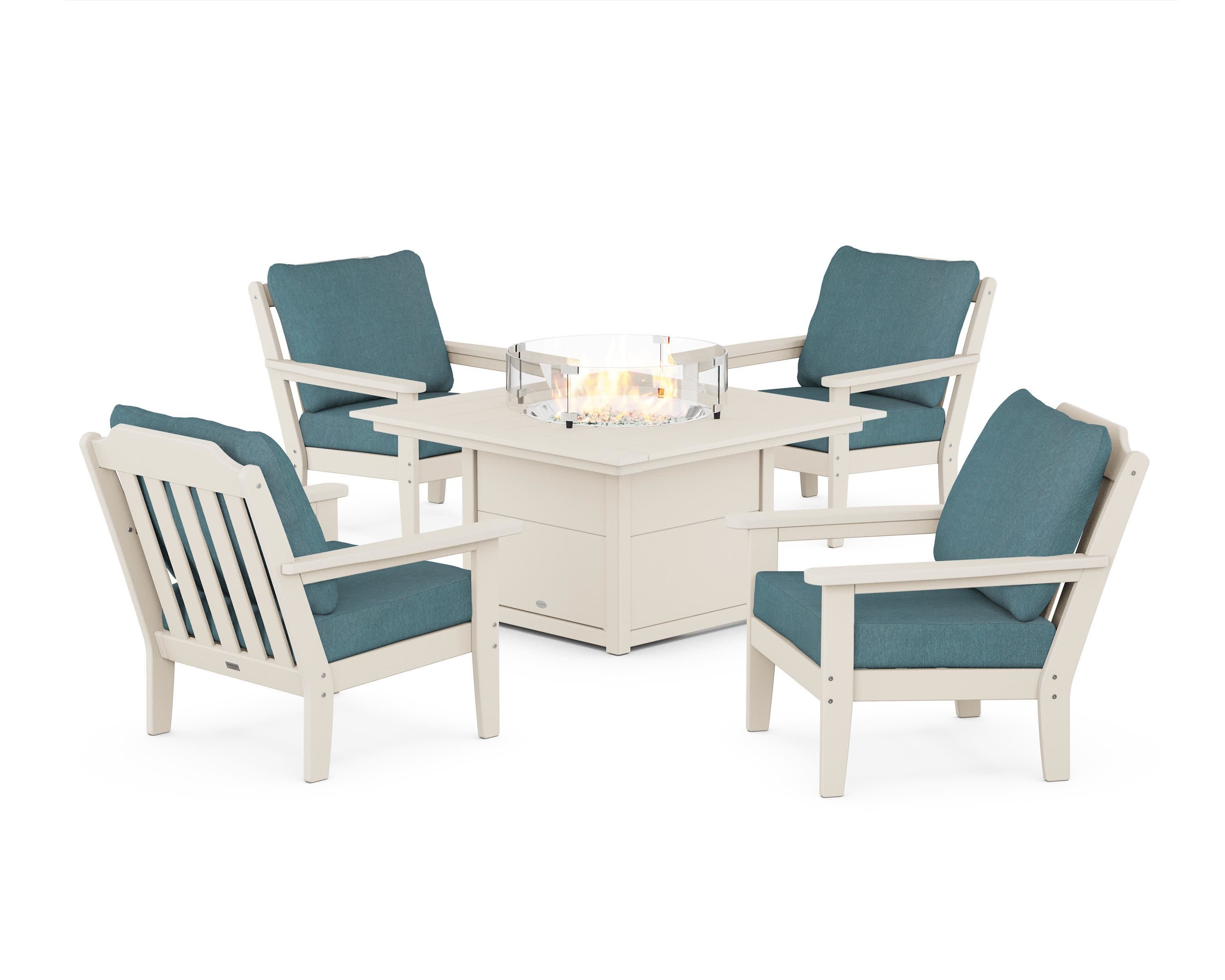 Cottage 5-Piece Deep Seating Set with Fire Pit Table in Sand / Ocean Teal