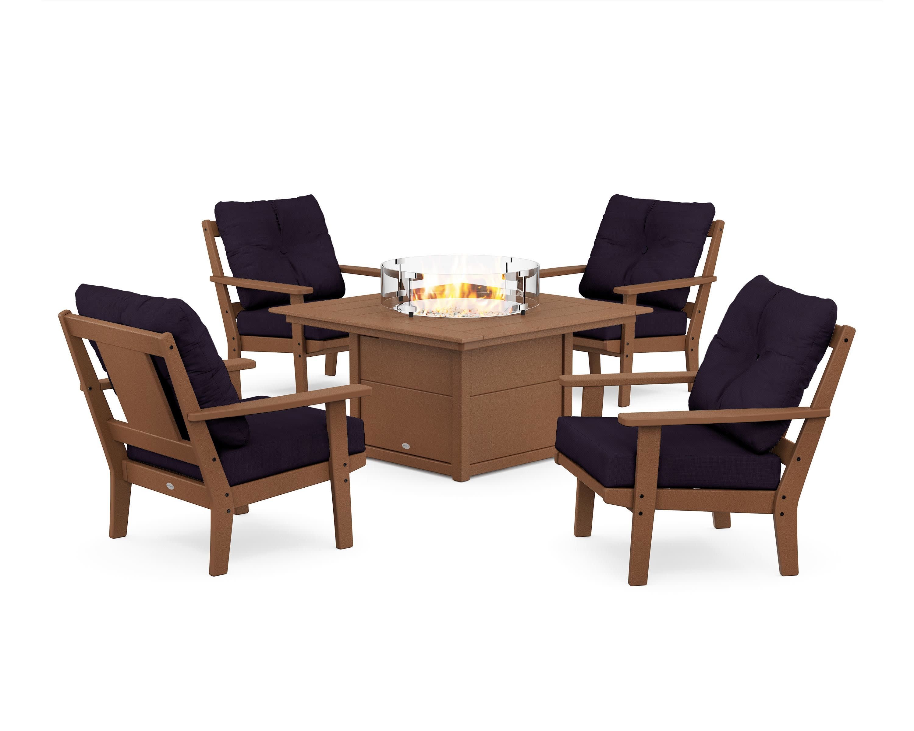 Prairie 5-Piece Deep Seating Set with Fire Pit Table in Teak / Navy Linen