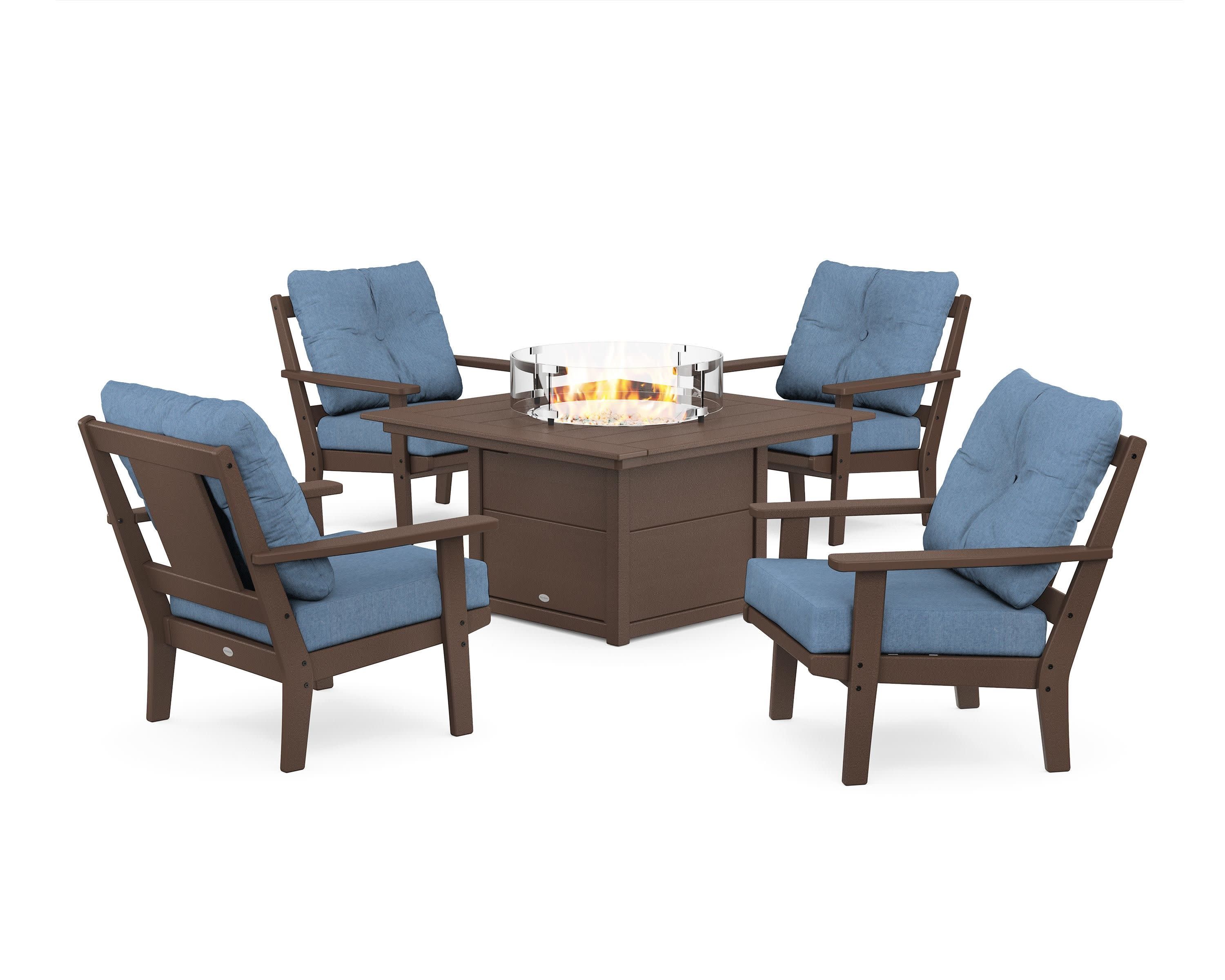 Prairie 5-Piece Deep Seating Set with Fire Pit Table in Mahogany / Sky Blue