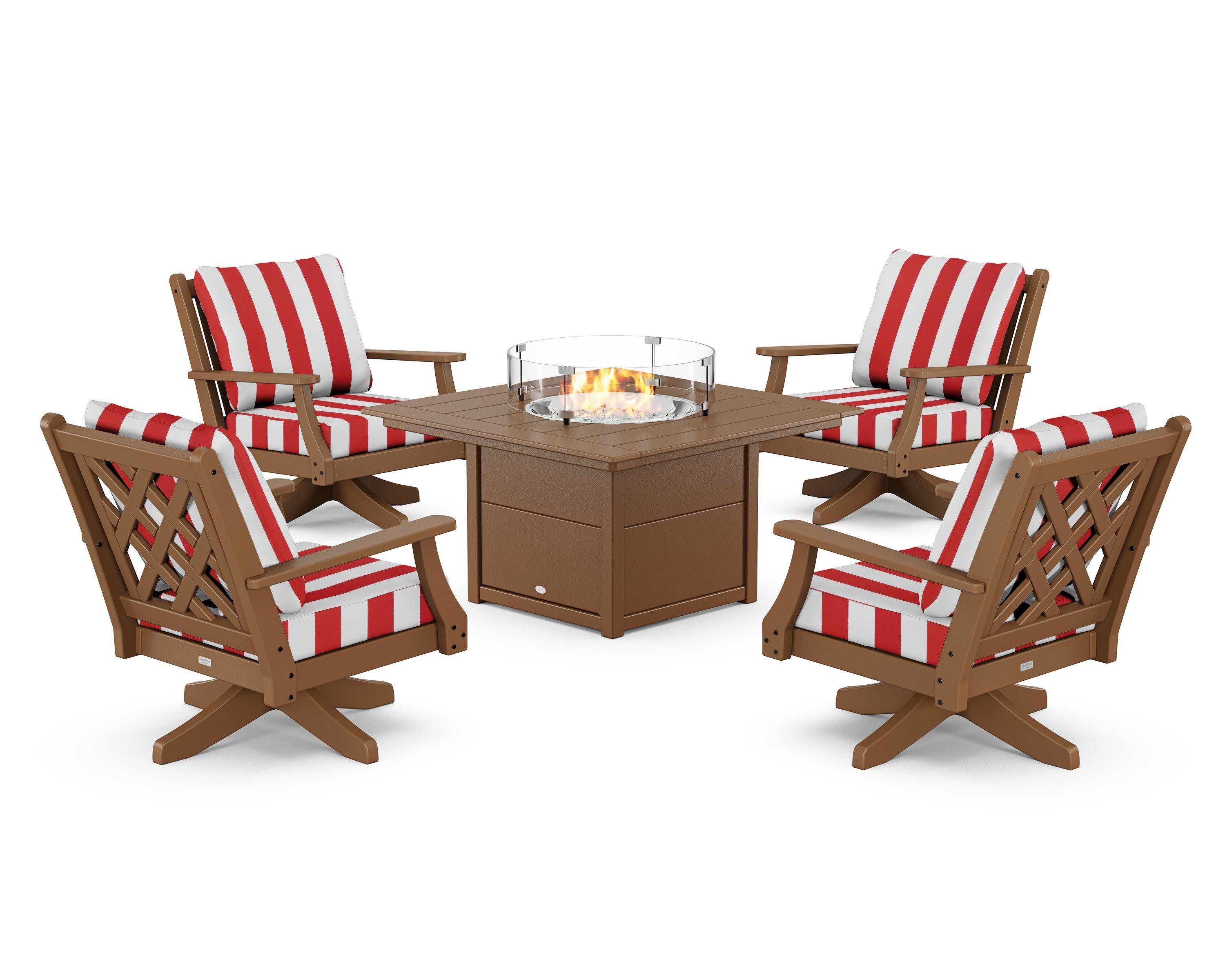 Wovendale 5-Piece Deep Seating Swivel Conversation Set with Fire Pit Table in Teak / Cabana Stripe Crimson