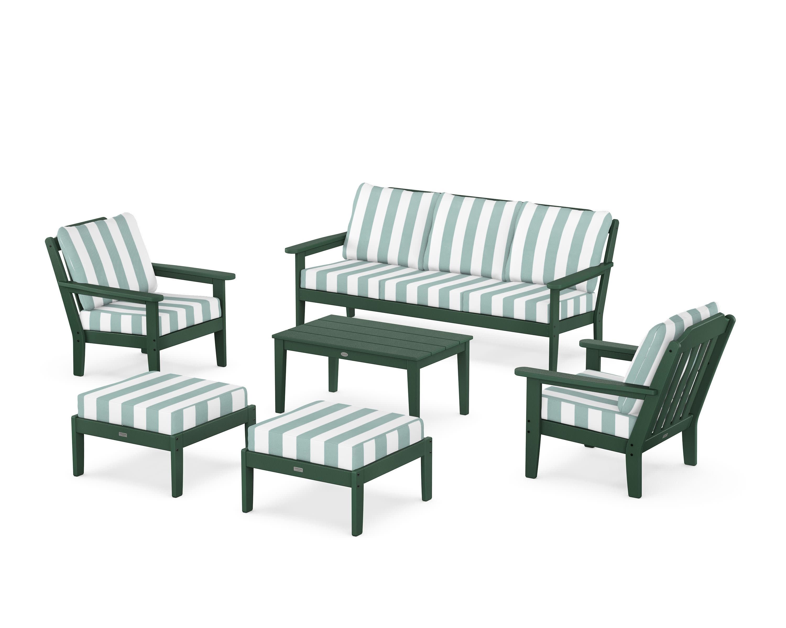 Cottage 6-Piece Lounge Sofa Set in Green / Cabana Stripe Glacier Spa