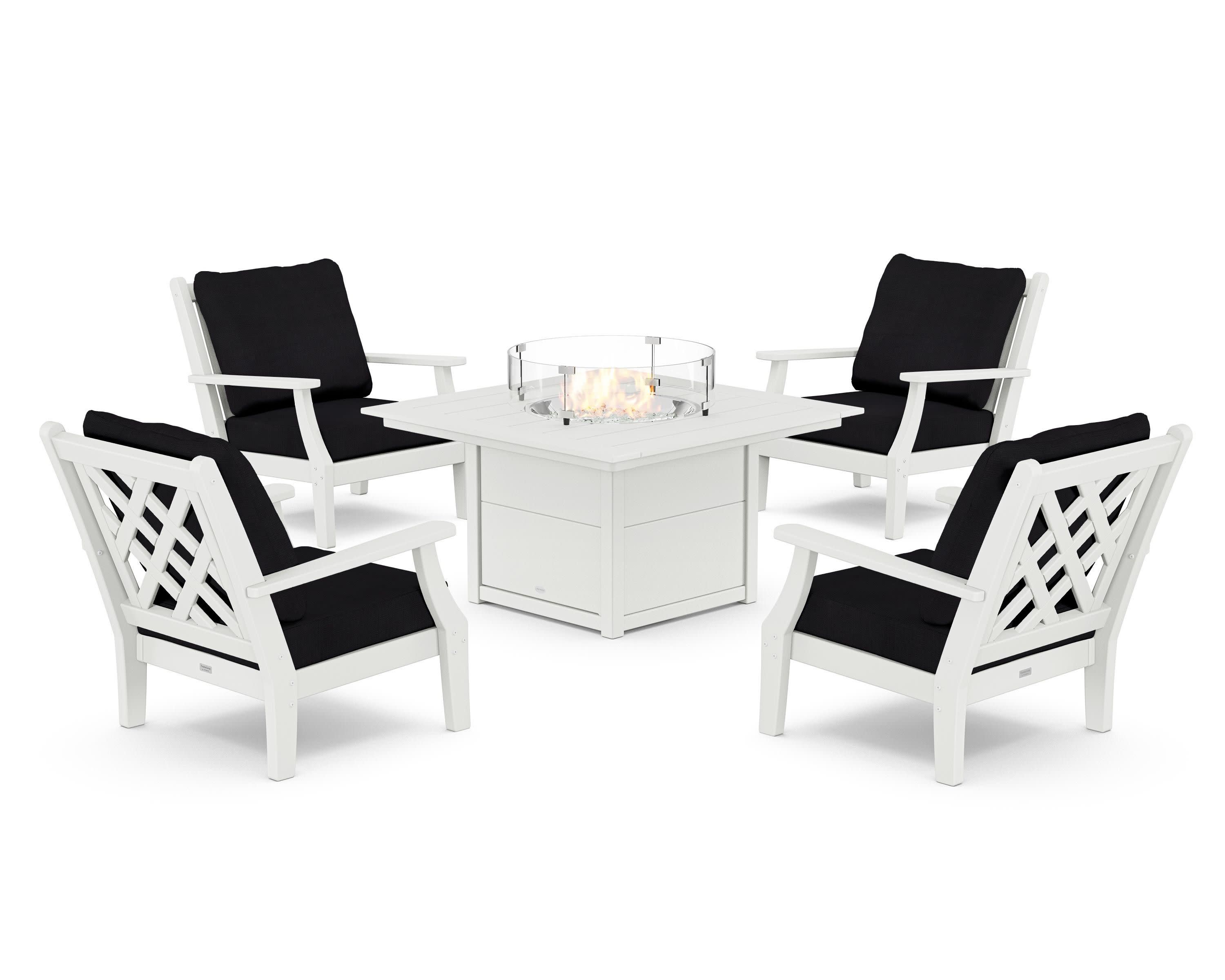 Wovendale 5-Piece Deep Seating Set with Fire Pit Table in White / Midnight Linen