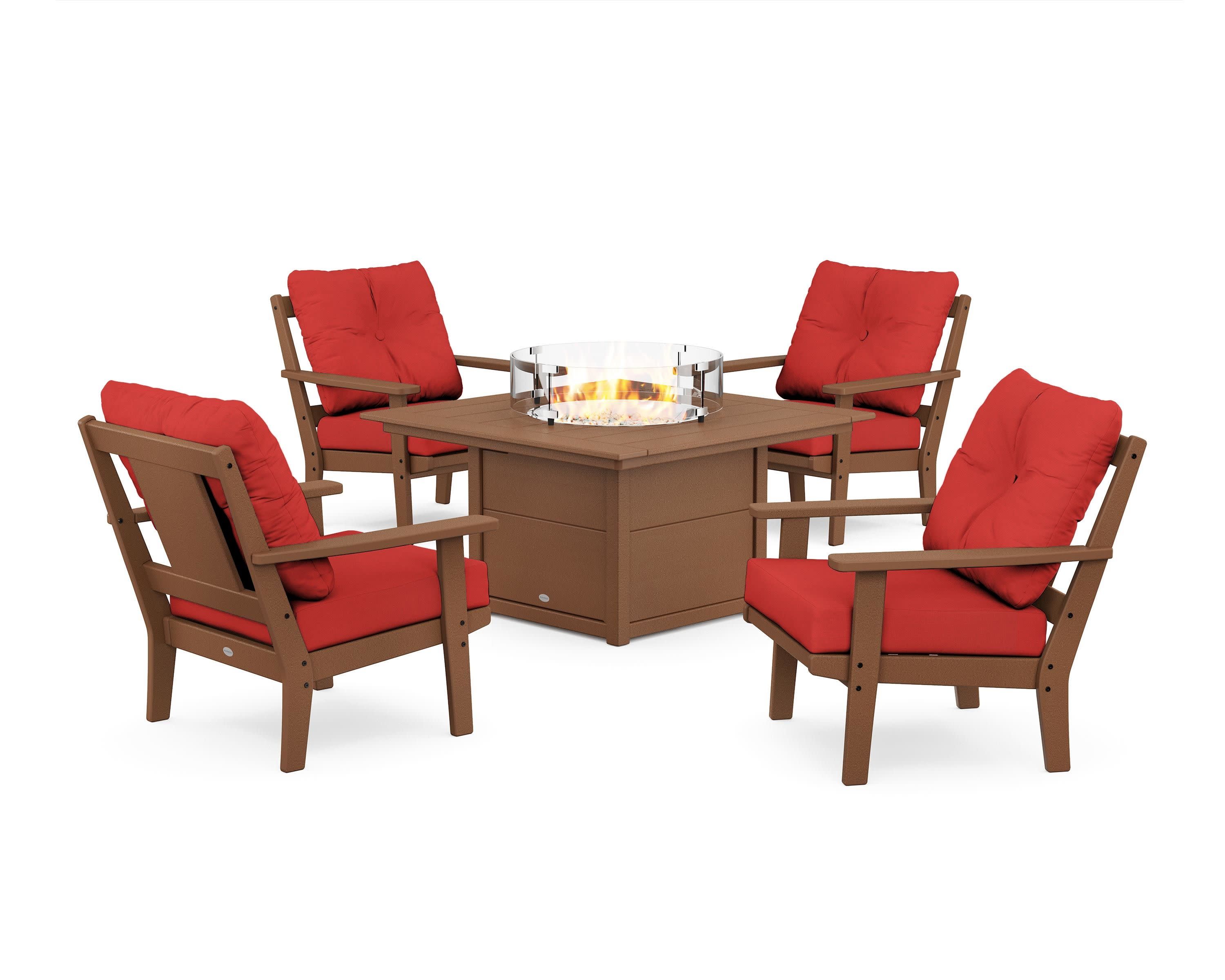 Prairie 5-Piece Deep Seating Set with Fire Pit Table in Teak / Crimson Linen