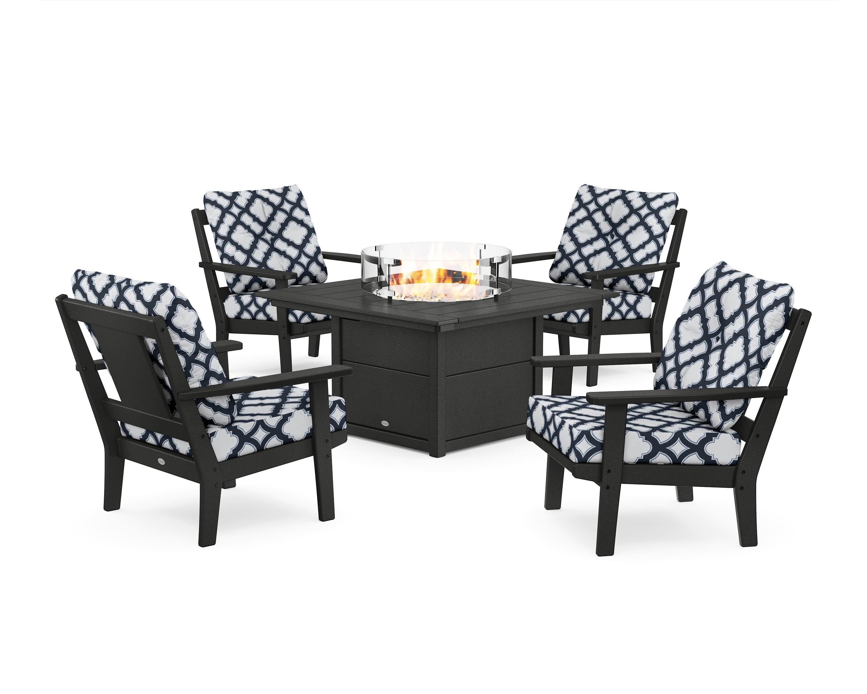 Prairie 5-Piece Deep Seating Set with Fire Pit Table in Black / Trellis Marine Indigo