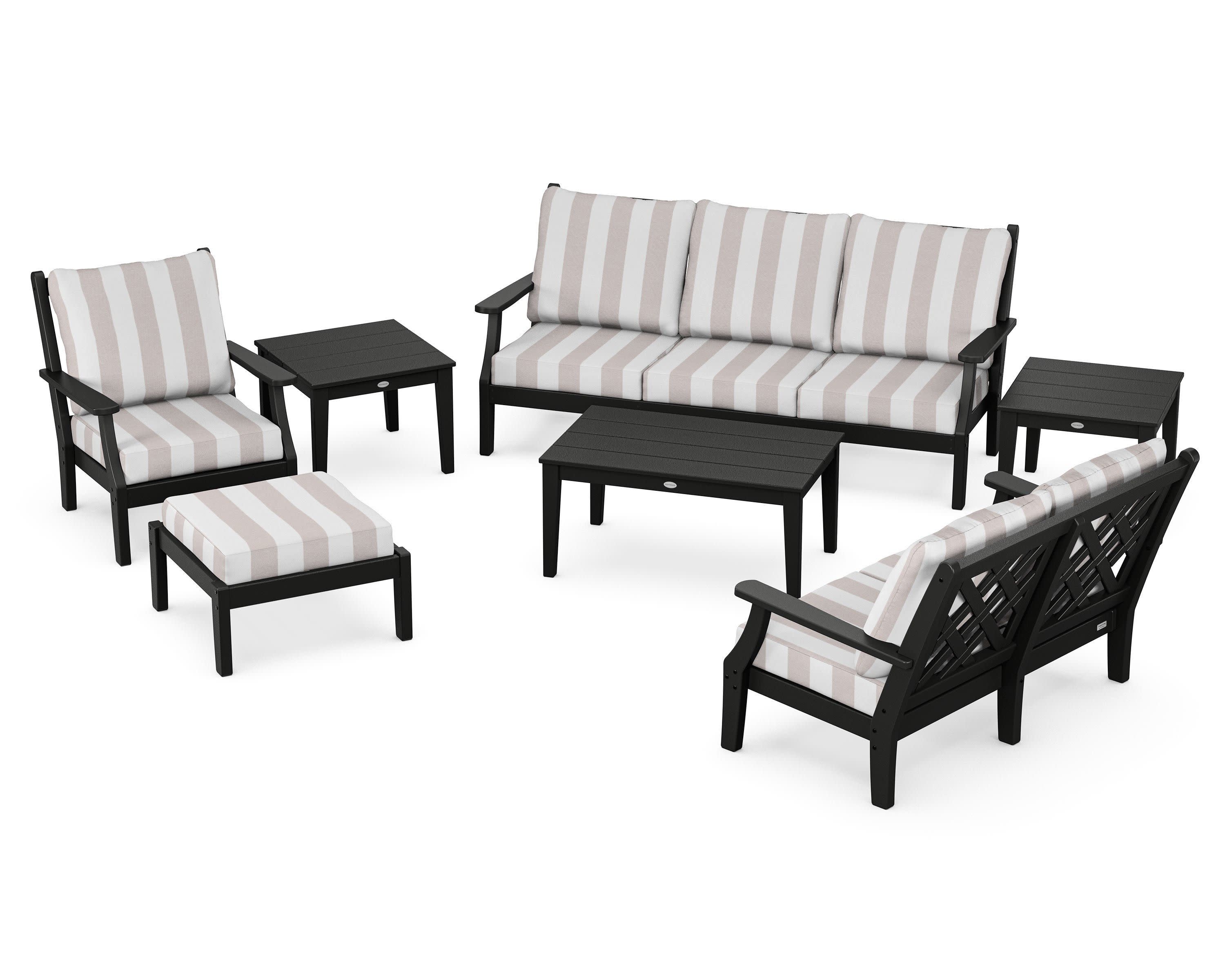 Wovendale 7-Piece Deep Seating Set in Black / Cabana Stripe Dune Burlap