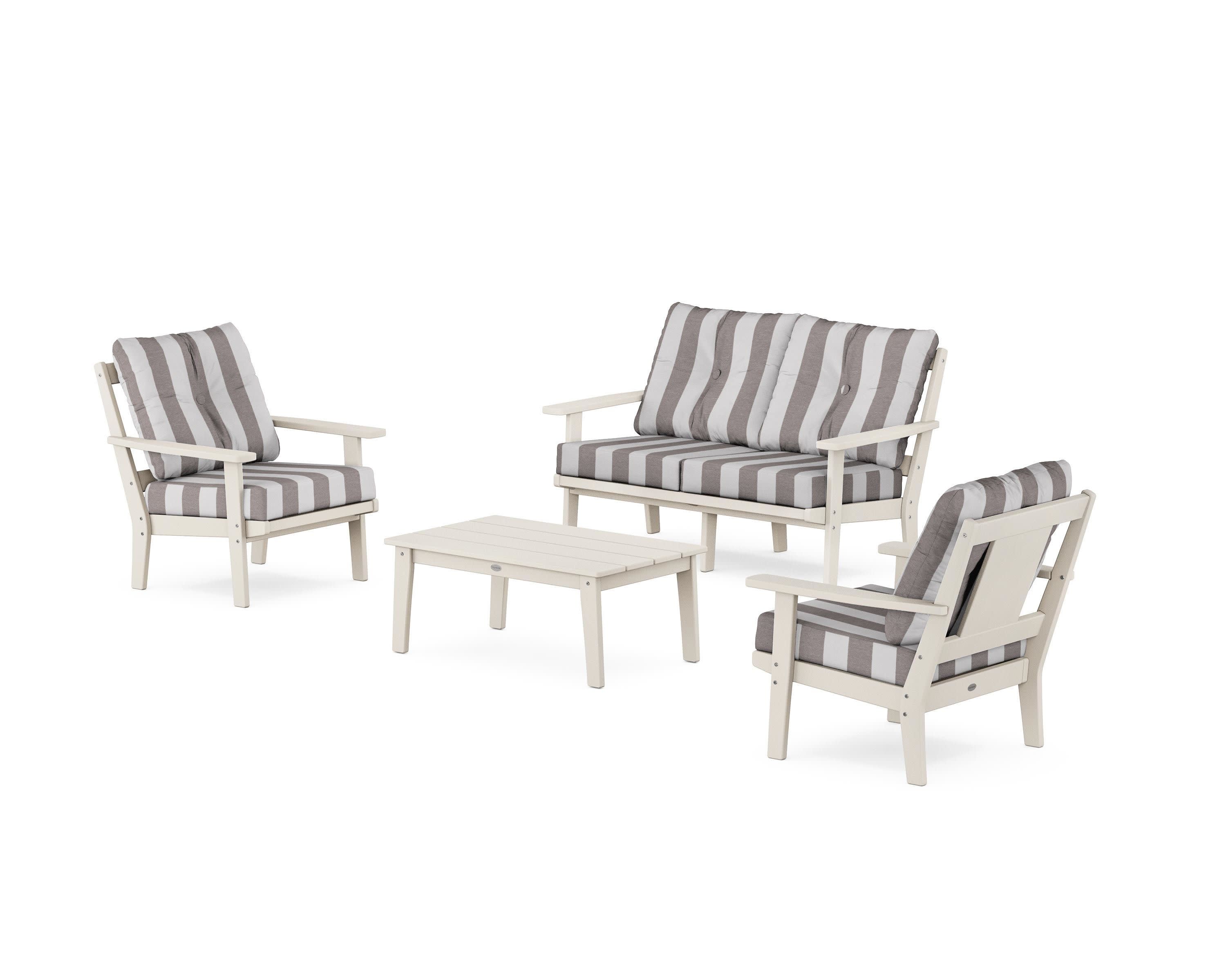 Prairie 4-Piece Deep Seating Set with Loveseat in Sand / Cabana Stripe Grey Mist