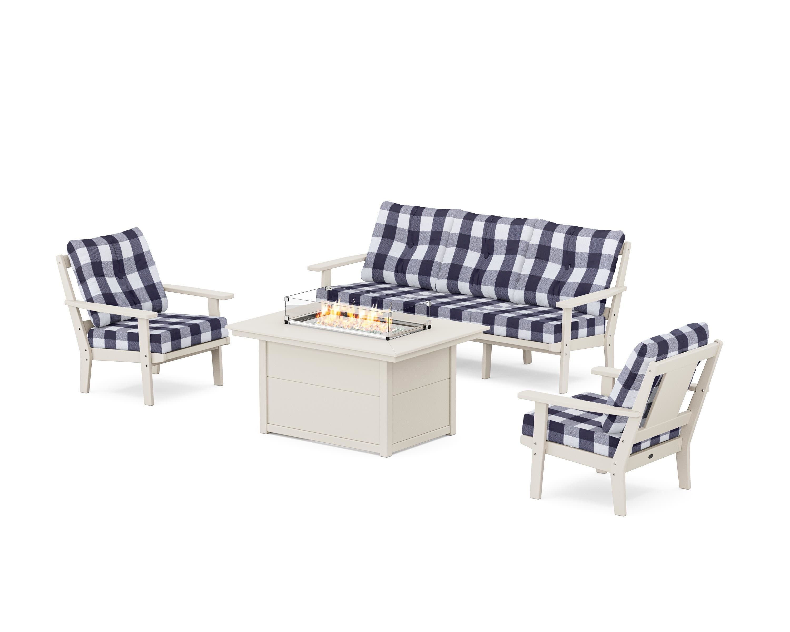 Prairie Deep Seating Fire Pit Table Set in Sand / Buffalo Plaid Navy