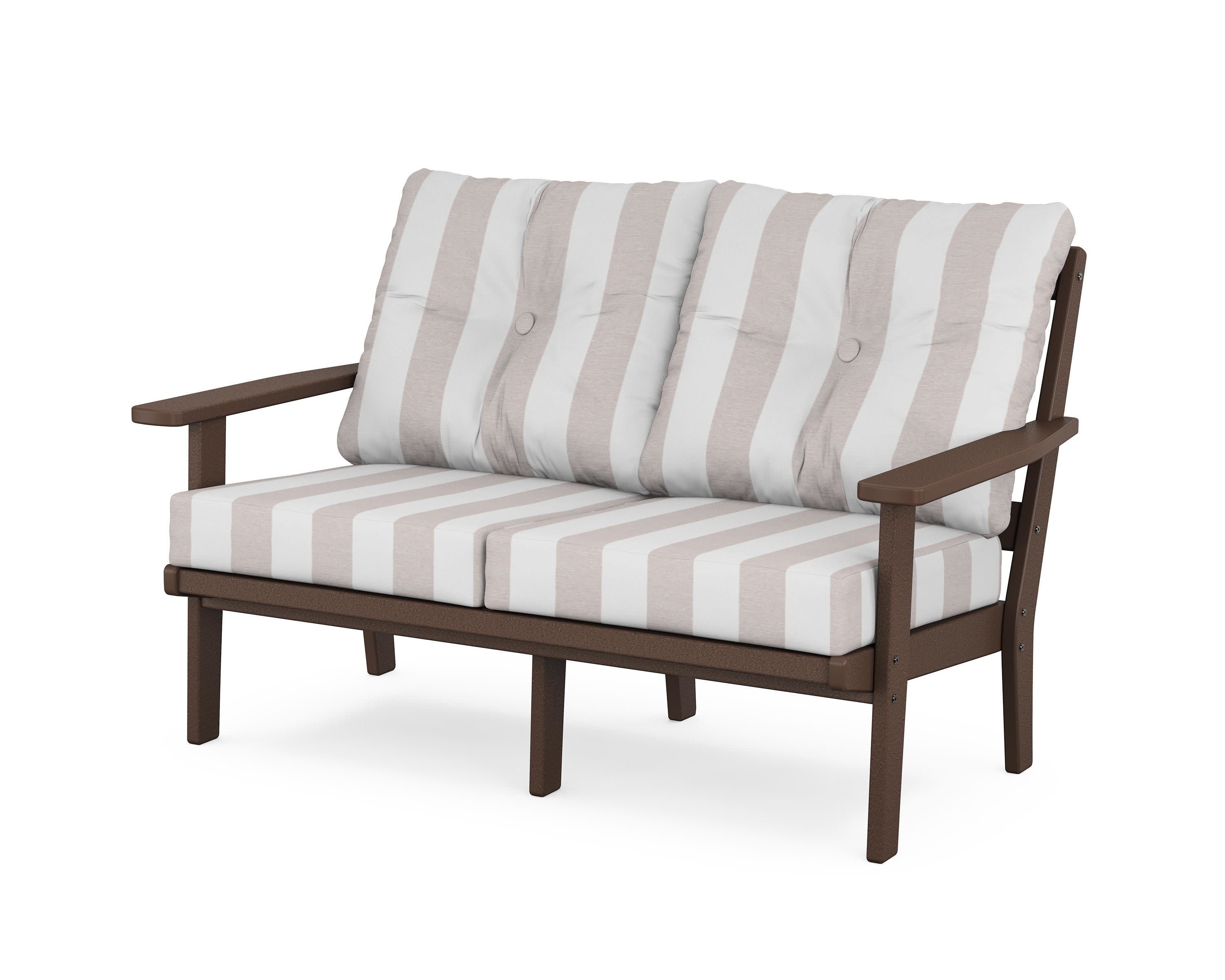 Prairie Deep SeatingLoveseat in Mahogany / Cabana Stripe Dune Burlap