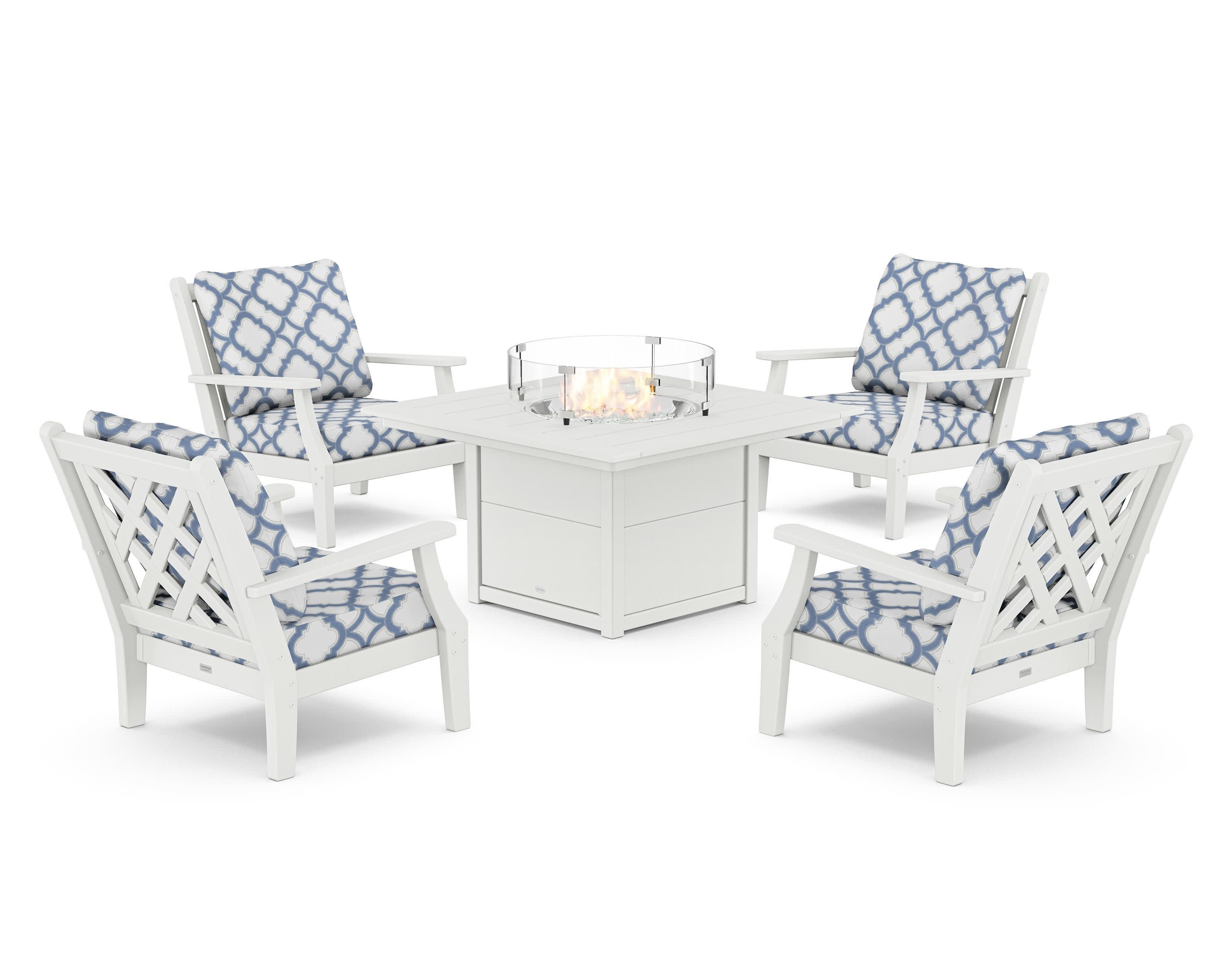 Wovendale 5-Piece Deep Seating Set with Fire Pit Table in White / Trellis Sky Blue