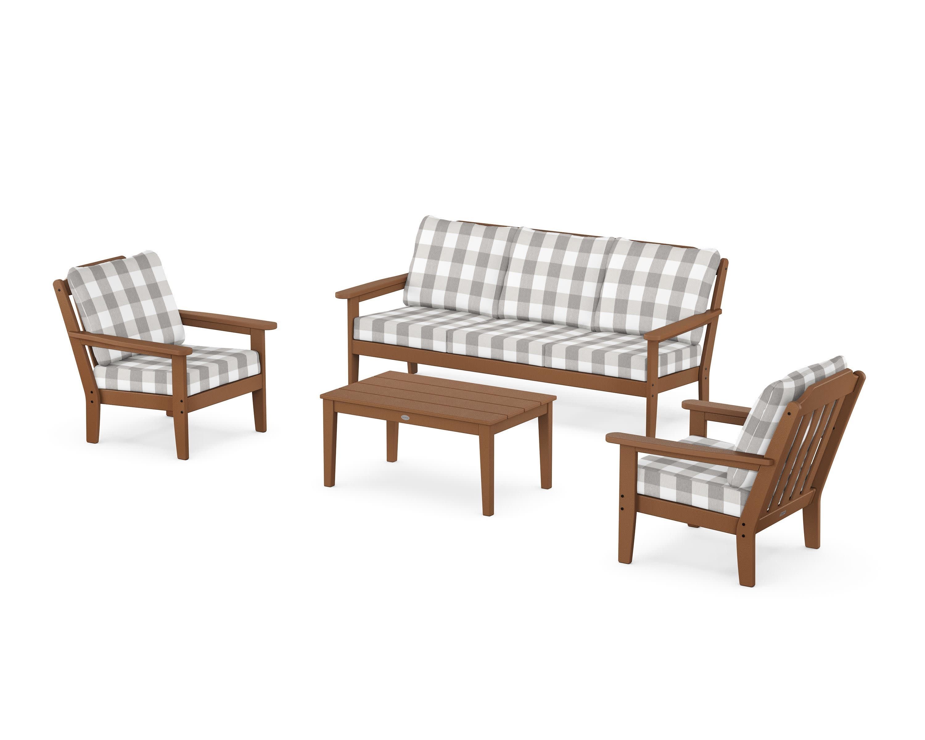 Cottage 4-Piece Deep Seating Set with Sofa in Teak / Buffalo Plaid Grey Mist