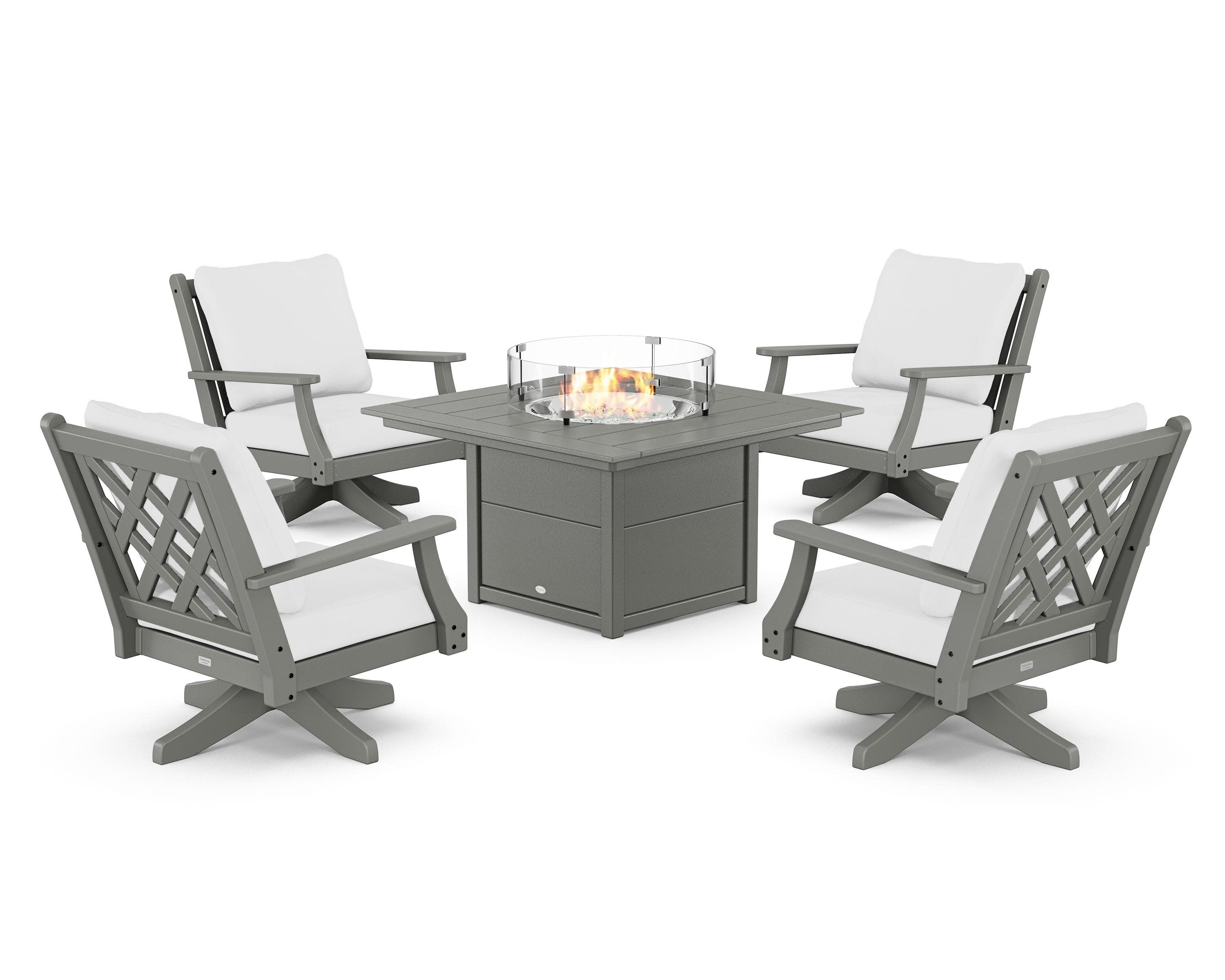 Wovendale 5-Piece Deep Seating Swivel Conversation Set with Fire Pit Table in Slate Grey / Natural