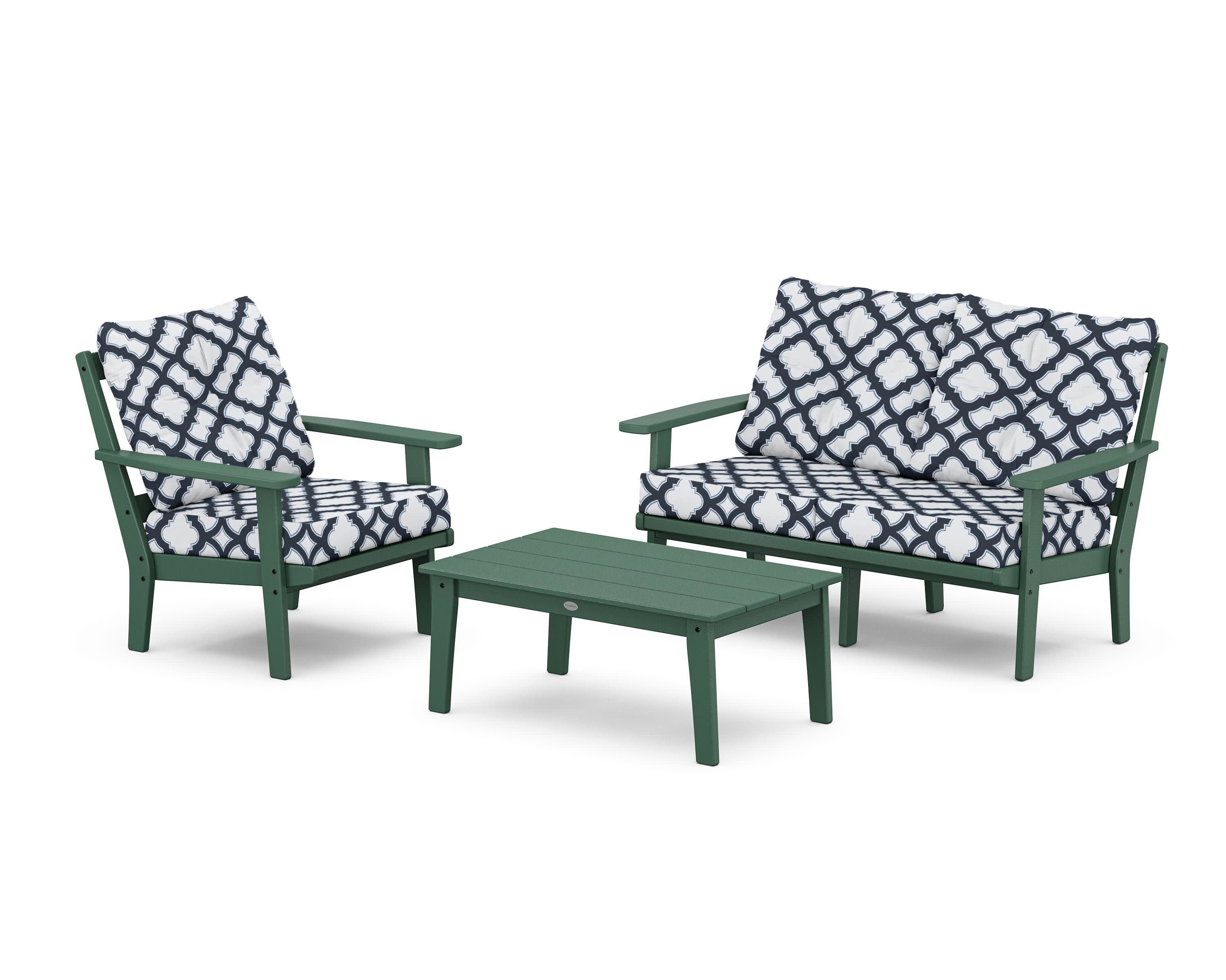 Prairie 3-Piece Deep Seating Set with Loveseat in Green / Trellis Marine Indigo