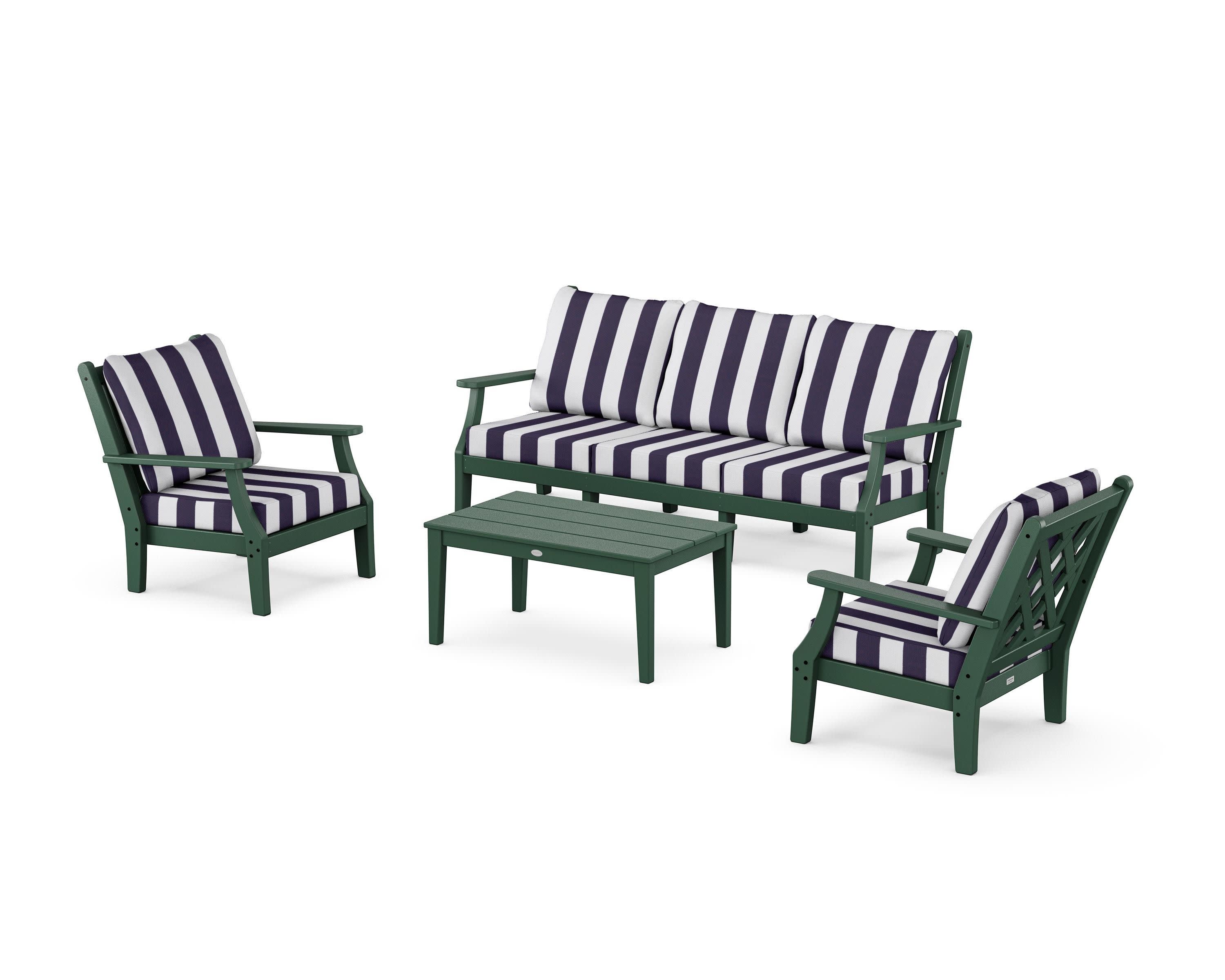 Wovendale 4-Piece Deep Seating Set with Sofa in Green / Cabana Stripe Navy