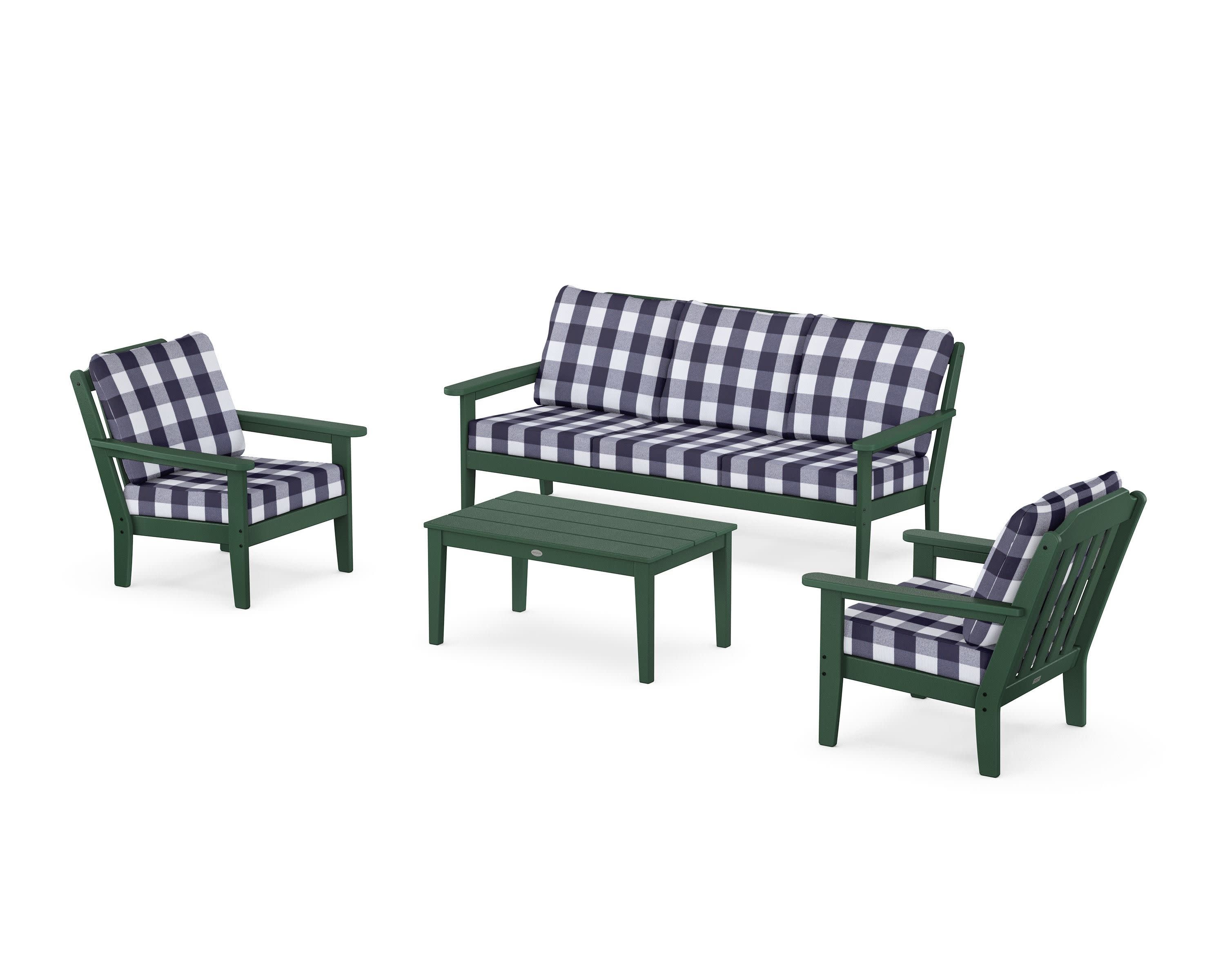 Cottage 4-Piece Deep Seating Set with Sofa in Green / Buffalo Plaid Navy