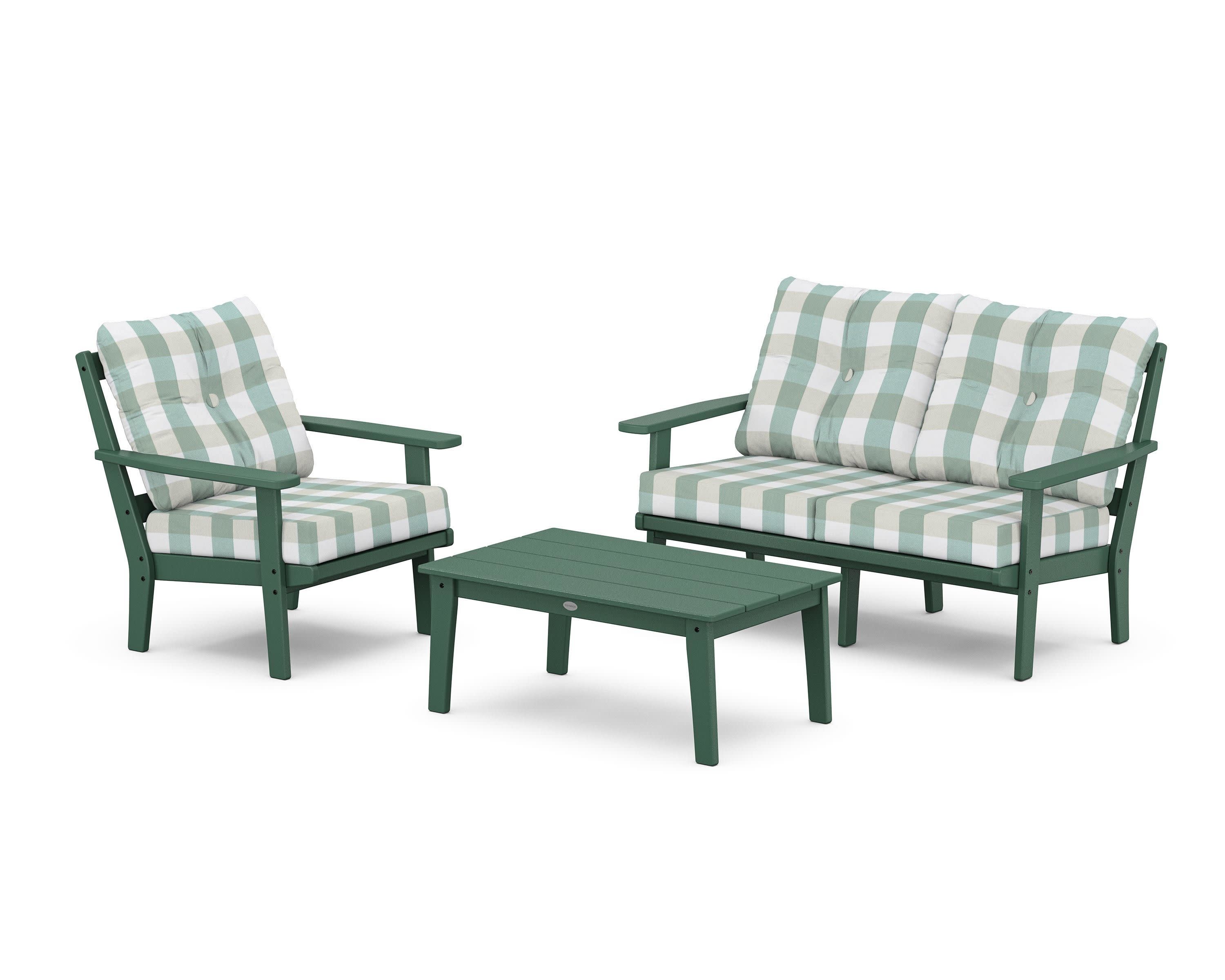 Prairie 3-Piece Deep Seating Set with Loveseat in Green / Buffalo Plaid Glacier Spa