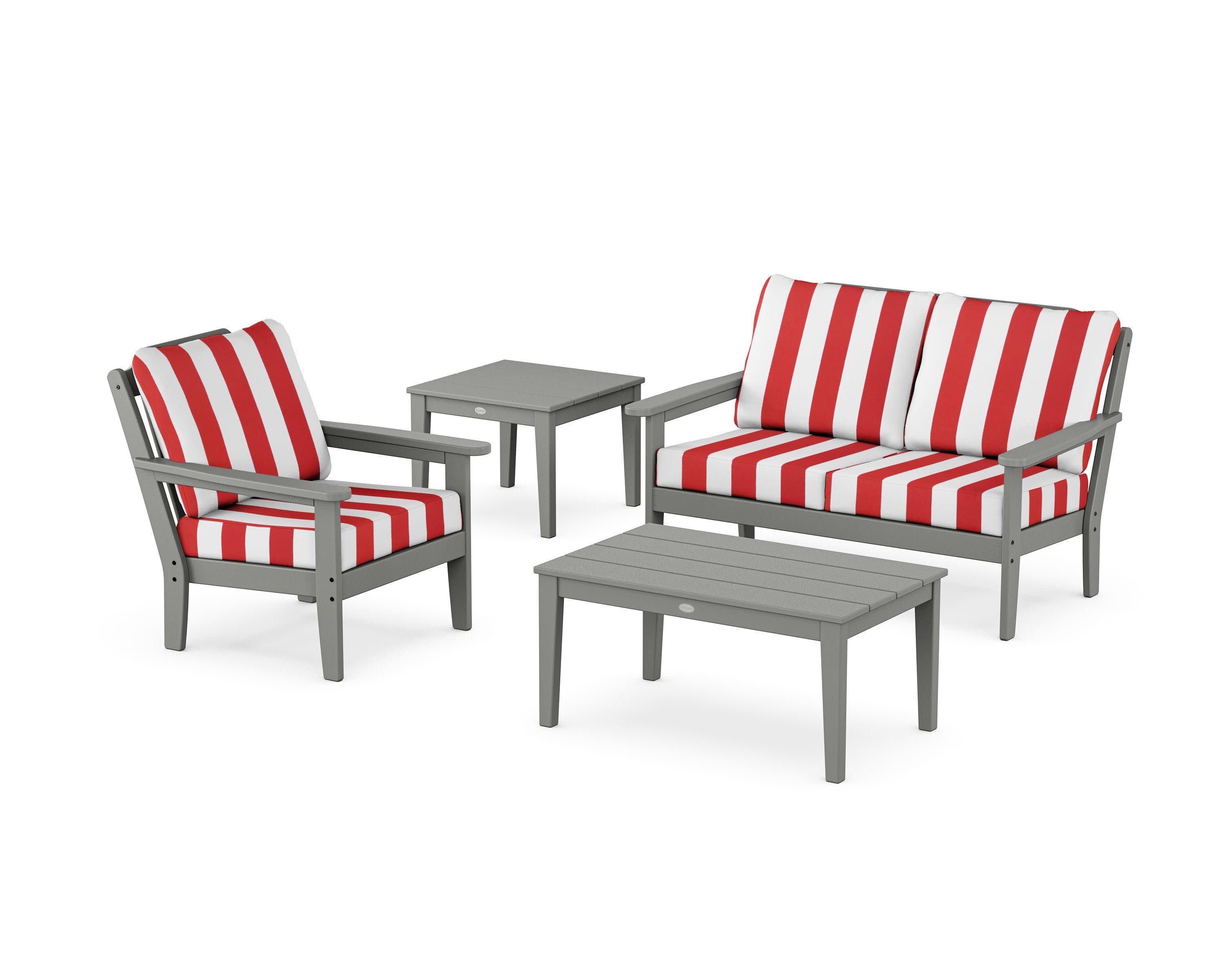 Wovendale 4-Piece Deep Seating Set in Slate Grey / Cabana Stripe Crimson