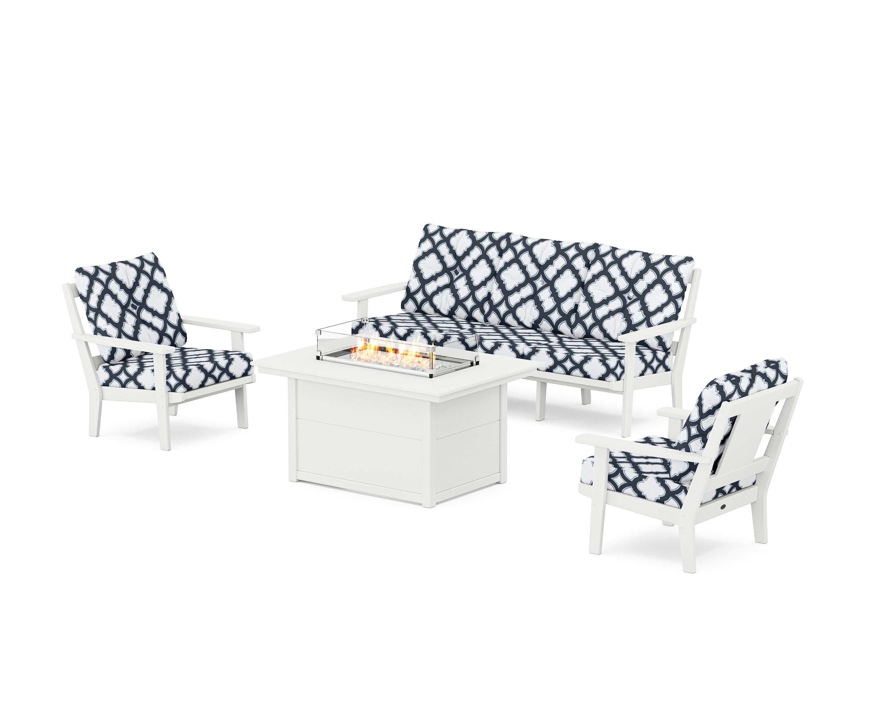 Prairie Deep Seating Fire Pit Table Set in White / Trellis Marine Indigo